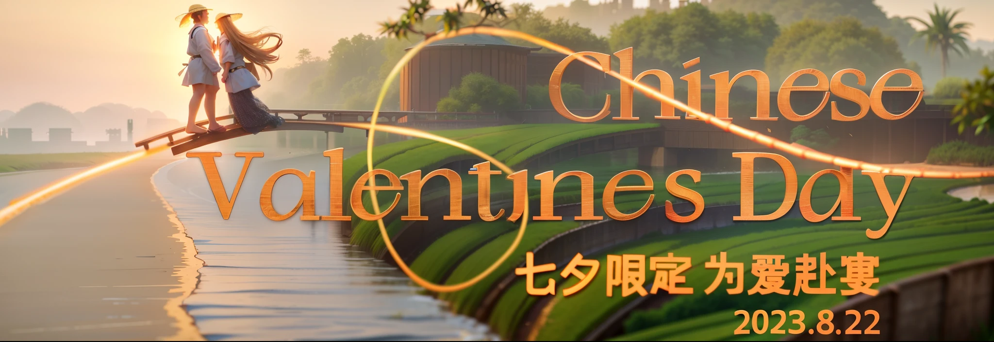 There is a river beach in the distance, paddy, wheat, already, riverside, Bamboo forest path on the shore, Bamboo forest path standing, Highest quality