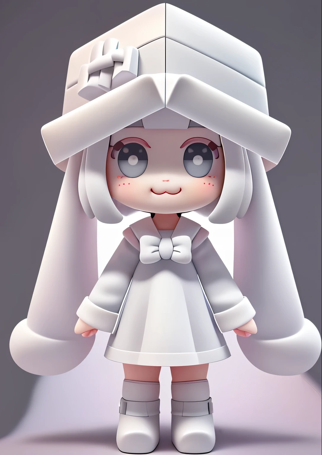 Bubble Mart blind box style，A cute little girl with a positive face，Wearing a white box-shaped hat，princess cut hairstyle，Off-white hair，Wearing dark gray skirt and boots