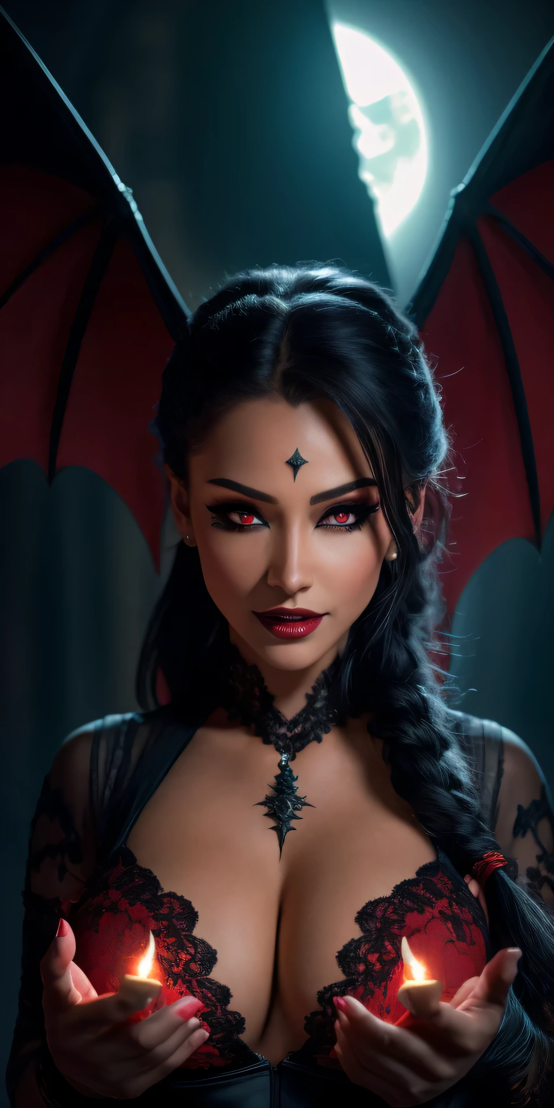 Fine, (Best Illustration), 8k Resolution, Intricate Details, Best Quality, Realistic, Ultra Detailed, Best Lighting, Best Shadows, Ultra HD, A Necromancer, Night, Magic, Dark Style, Vampire, Bat wings, shining red eyes, masterpiece, high_res, Beautiful face, mouth wide open, tyndall effect, photo realistic, (high detailed skin:1.2), 8k uhd, dslr, high quality, Photograph, high resolution, 4k, 8k, Bokeh, medium breasts, absurdres, ponytail contorted, best ratio four finger and one thumb,