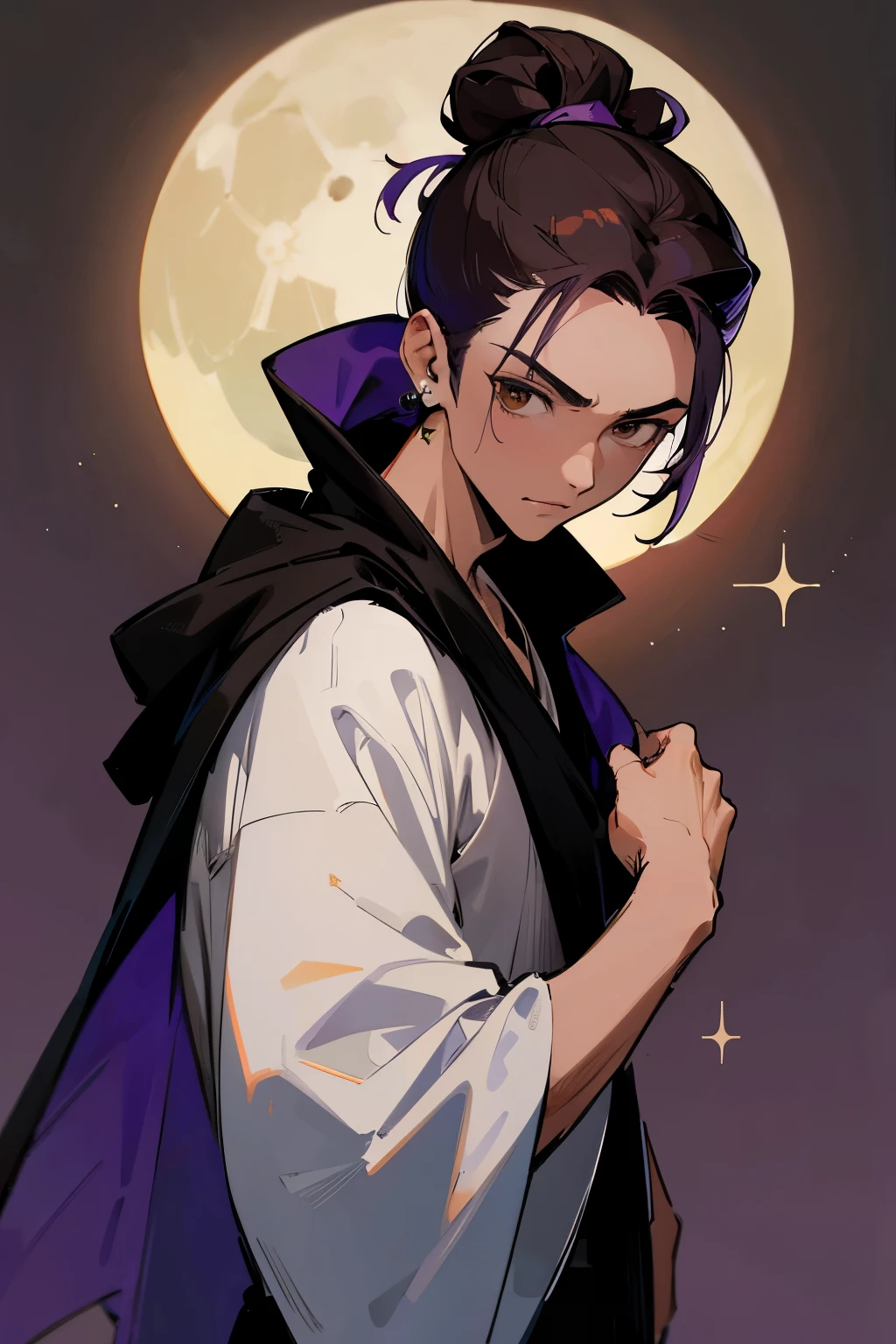 star wars, alien, black robe, Brown Hair, man bun, brown Eyes, young male, crescent earing, moon background, purple hair tie, white shirt, staring down