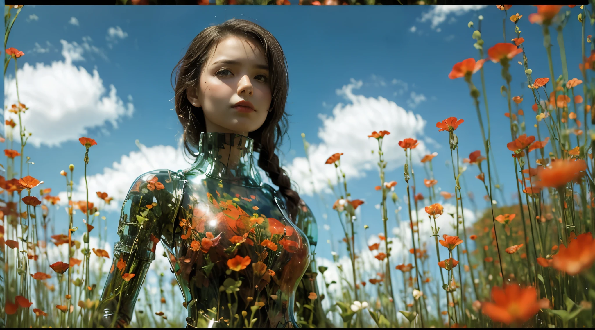 1girl, flower, sky, outdoors, cloud, solo, red flower, grass, field, black hair, standing, day, letterboxed, blurry, braid, blue sky, 