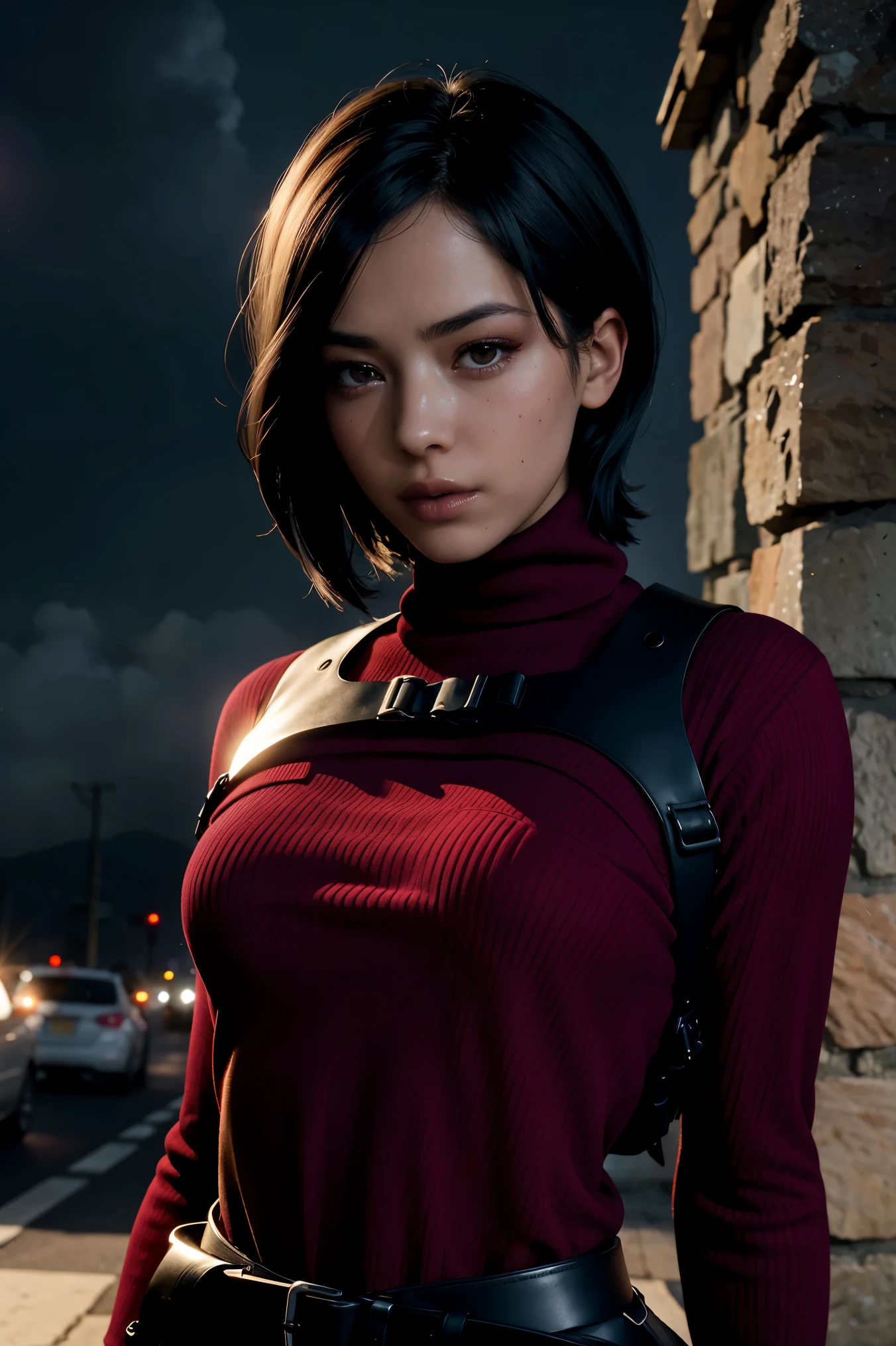 A stunning full color intricate portrait in Ultra-HD, a 30 year old girl, detailed face, short black hair, black eyes, makeup, a red sweater, turtleneck, harness, black gloves, belt, holster, epic character composition . . alessio albi, nina masic, sharp focus, natural lighting, subsurface dispersion, f2, 35mm