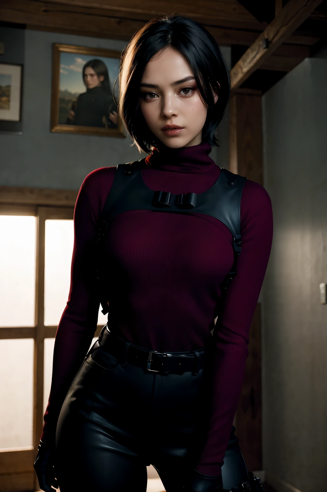 A stunning full color intricate portrait in Ultra-HD, a 30 year old girl, detailed face, short black hair, black eyes, makeup, a red sweater, turtleneck, harness, black gloves, belt, holster, epic character composition . . alessio albi, nina masic, sharp focus, natural lighting, subsurface dispersion, f2, 35mm