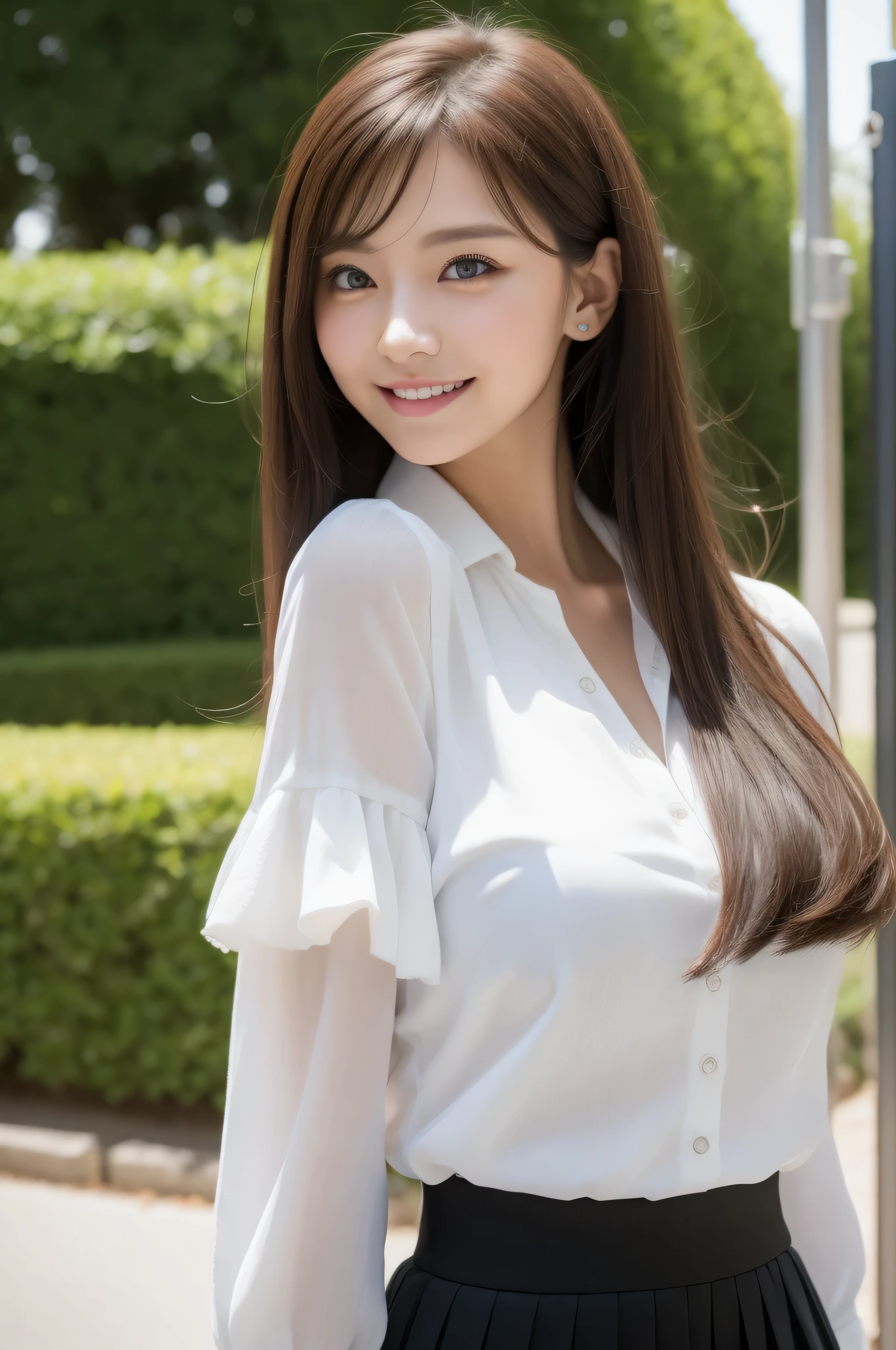 (realistic, photo-realistic:1.37),(8k, RAW photo, best quality, masterpiece:1.2), cute, ultra-detailed,heart-shaped pupils,physically-based rendering, ultra high res, kodakvision color, shot on Arricam LT Camera, bokeh, sharp focus, looking at viewer,photorealistic,realistic, solo, photorealistic, best quality,extremely detailed face,extremely detailed eyes and face, beautiful detailed eyes,absurdres, incredibly absurdres,haunting smile,Messy hair, floating hair,Pleated skirt with many checked folds、Lush bust、White and beautiful blouse、with slit、bound waist，fullbody shot、((full figure supermodel standing, entire body in frame))、