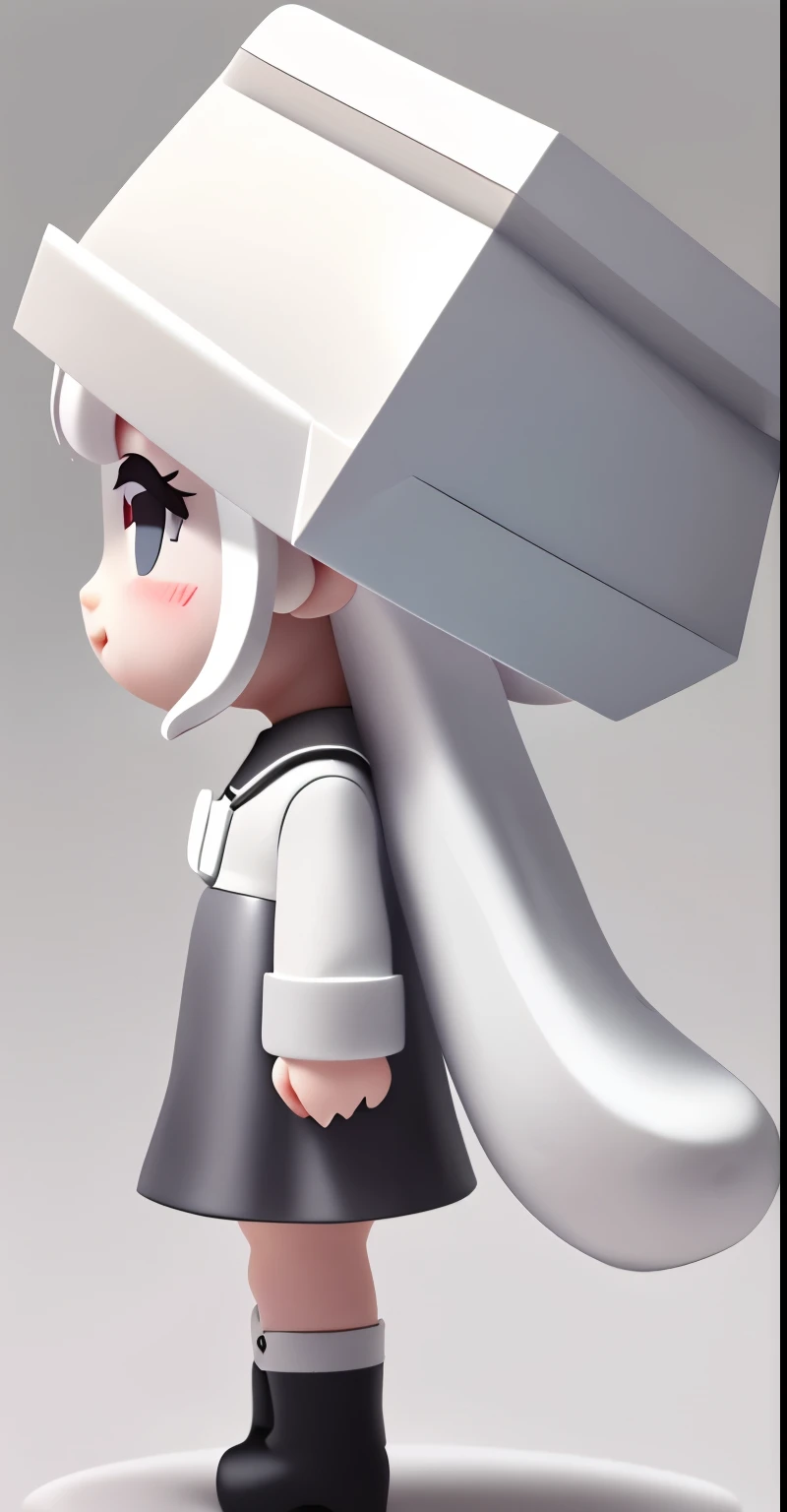 Bubble Mart blind box style，A cute  in profile，Wearing a white box-shaped hat，princess cut hairstyle，Off-white hair，Wearing dark gray skirt and boots