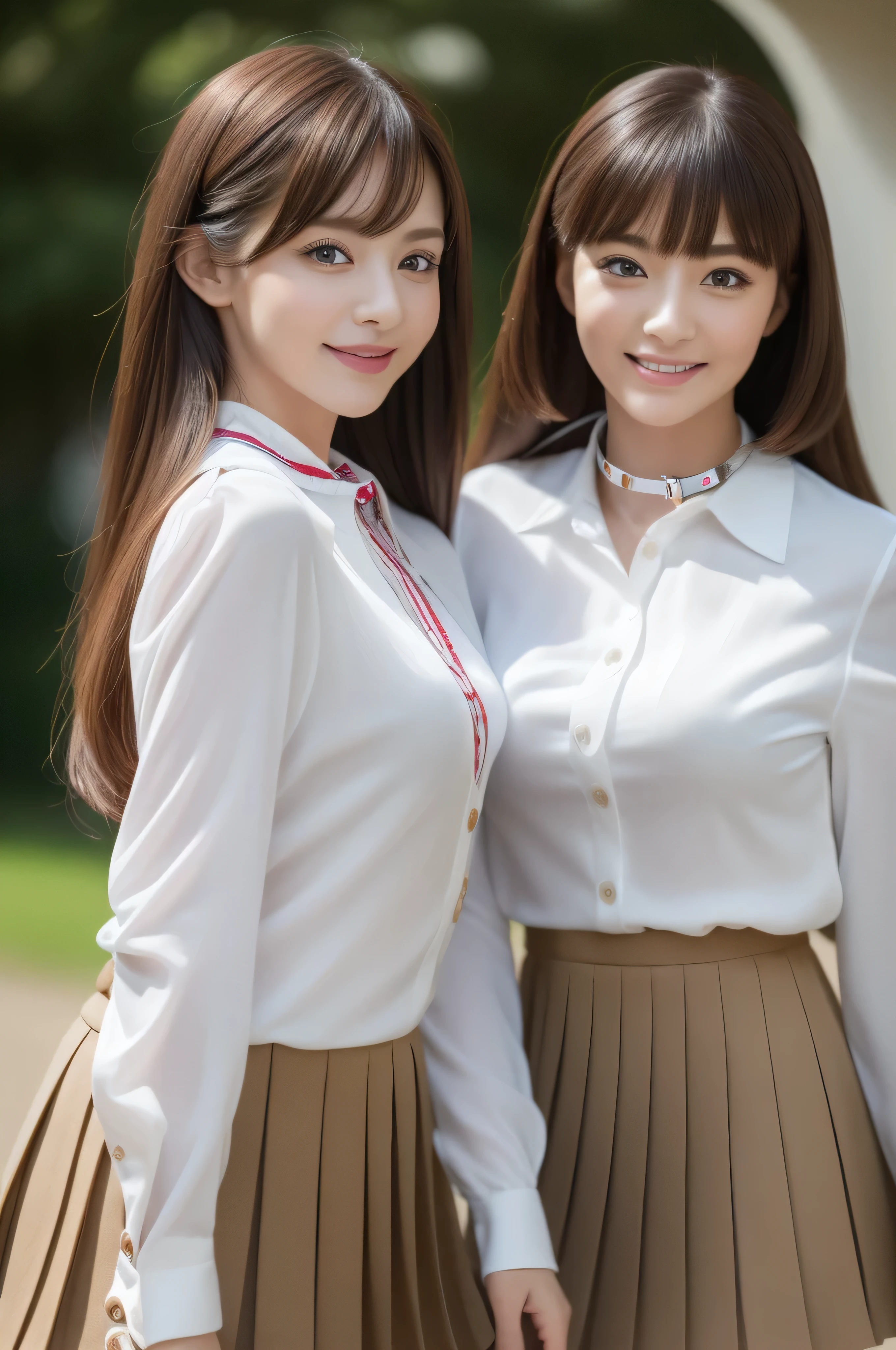 (realistic, photo-realistic:1.37),(8k, RAW photo, best quality, masterpiece:1.2), cute, ultra-detailed,heart-shaped pupils,physically-based rendering, ultra high res, kodakvision color, shot on Arricam LT Camera, bokeh, sharp focus, looking at viewer,photorealistic,realistic, solo, photorealistic, best quality,extremely detailed face,extremely detailed eyes and face, beautiful detailed eyes,absurdres, incredibly absurdres,haunting smile,Messy hair, floating hair,bound waist，fullbody shot、((full figure supermodel standing, entire body in frame))、((white long sleeve button up blouse_with collar_Remove up to the second button＿brown pleated mini skirt:1.3)),