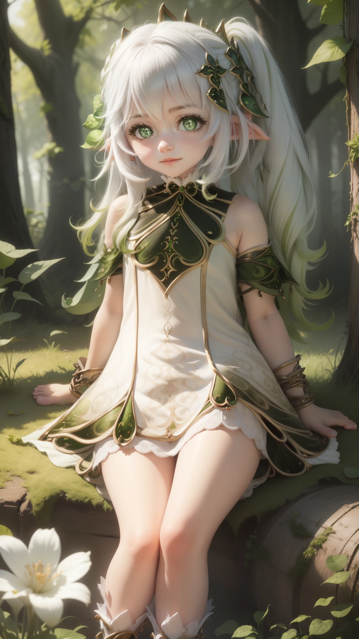 1 girl, , 3d, Small world, Lovely, (foot: 1.3), mischievous face, pale skin, white_hair, looking at the audience, sitting, grassland, forest, spring, available light, whole body, Symbol shaped pupils,