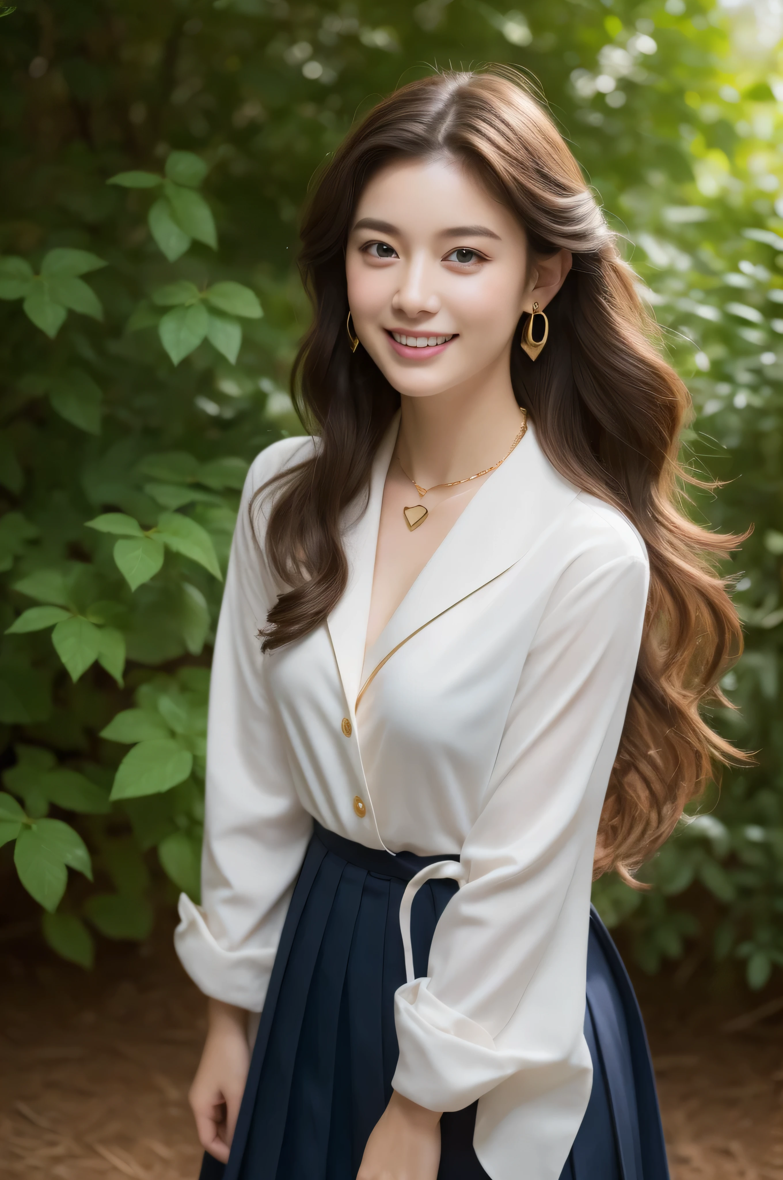 A woman in a white shirt and blue skirt posing for a picture - SeaArt AI