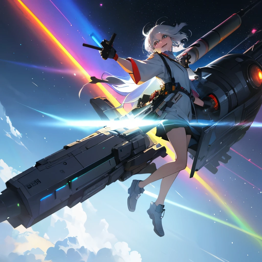 宇宙を飛んでいる
A gigantic gun whose half is a rainbow-colored 3D hologram. A beautiful white-haired scientist girl holding it. A laughing scientist with sci-fi elements in her accessories and clothes.
lightsaber（sword）have