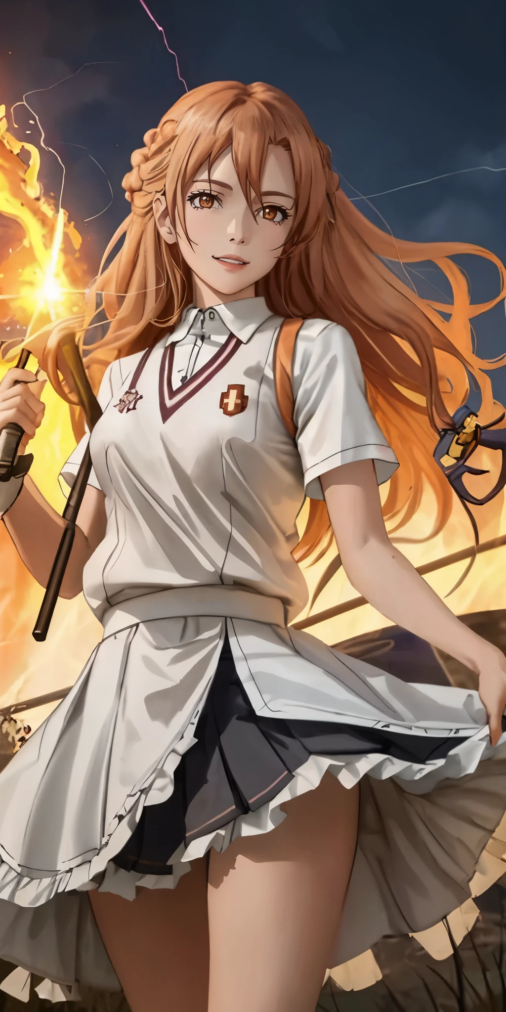 yuuki asuna, kizukiai, orang hair, brown eyes, long hair, braid, tokiwadai school uniform, huge breasts, muscular female, anatomically correct, best quality, masterpiece, high quality, high details, highres, HD, (shaded face:1.2), hollow eyes, looking at viewer, heavy breathing, smirk, uppert teeth, On the battlefield of the storm, A woman dressed in a ta costume wields a weapon infused with the power of the fire element.( Lightning danced around her), Echoing the strength of her determination,Because she embodies the power of the forces of nature in battle.offcial art, 8k wallpaper, Ultra detailed, Beautiful and aesthetic, Beautiful, Masterpiece, Best quality,(Focus on thighs up),Clear face,Eyes detailed,(Wind,Fluttering strands of hair,Flowing skirt),
