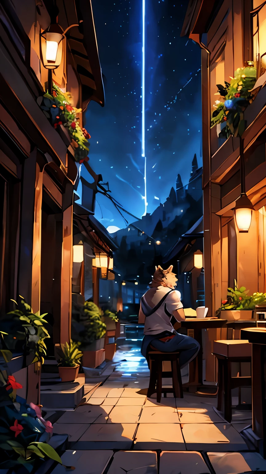 4k, 8k, high resolution, best quality, perfect colors, perfect shadows, perfect lighting, posted on e621, (by Chunie, by canyne khai, by t.y.starale), male, furry, anthro Lion, rain, armed,sad expression,white wolf,, night, handsome, sitting,coffee,coffee shop, masterpiece, casual clothes, Detailed fur, Detailed face, Perfect face, Detailed background, (Complex), (Super Detail), (Ultra Clear), (Best Quality)