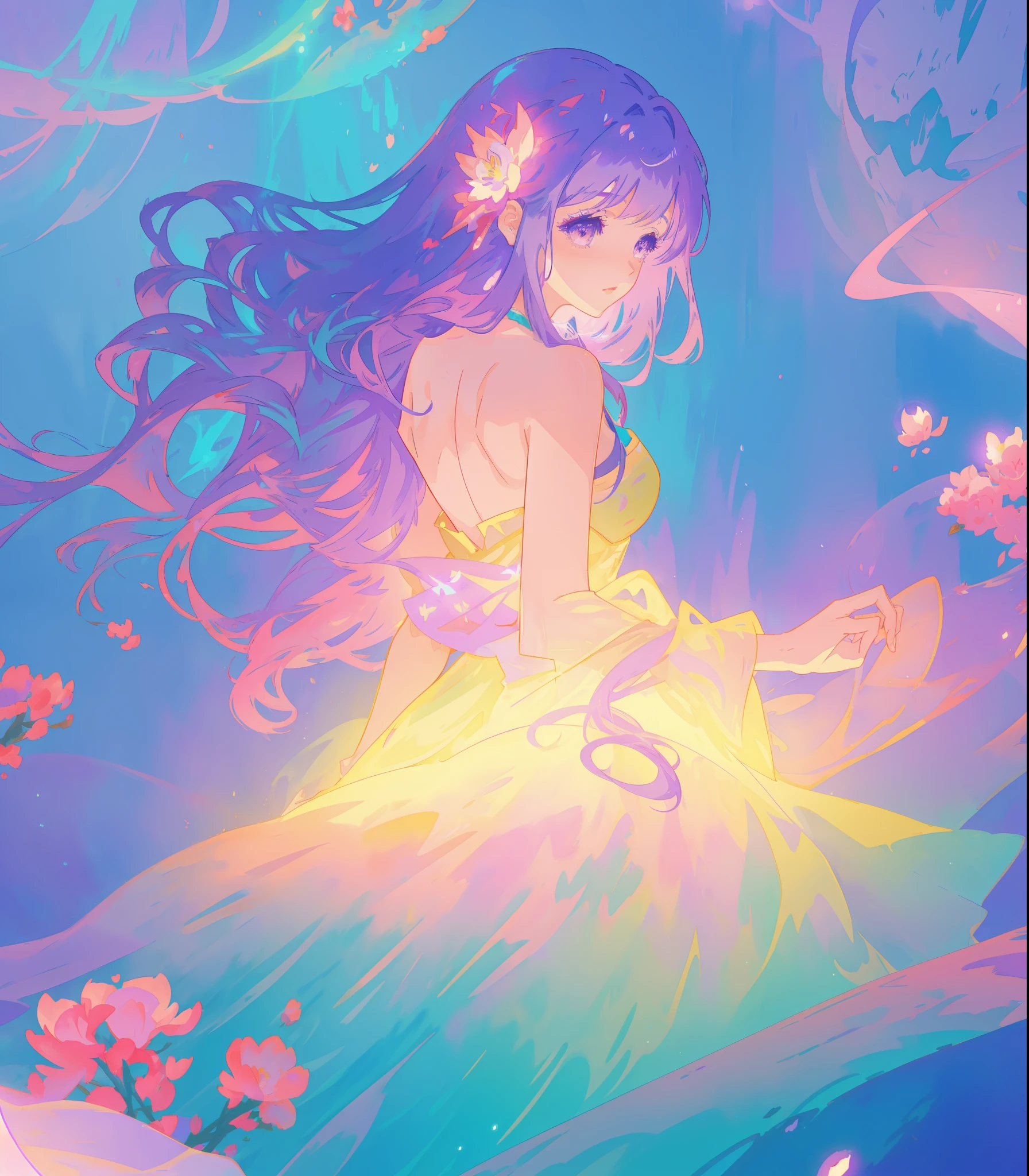 beautiful girl in gradient layered fantasy dress, long flowing blue purple hair, colorful fantasia background, watercolor illustration, disney art style, glowing aura around her, glowing lights, beautiful digital illustration, fantasia otherworldly landscape plants flowers, beautiful, masterpiece, best quality, anime disney style