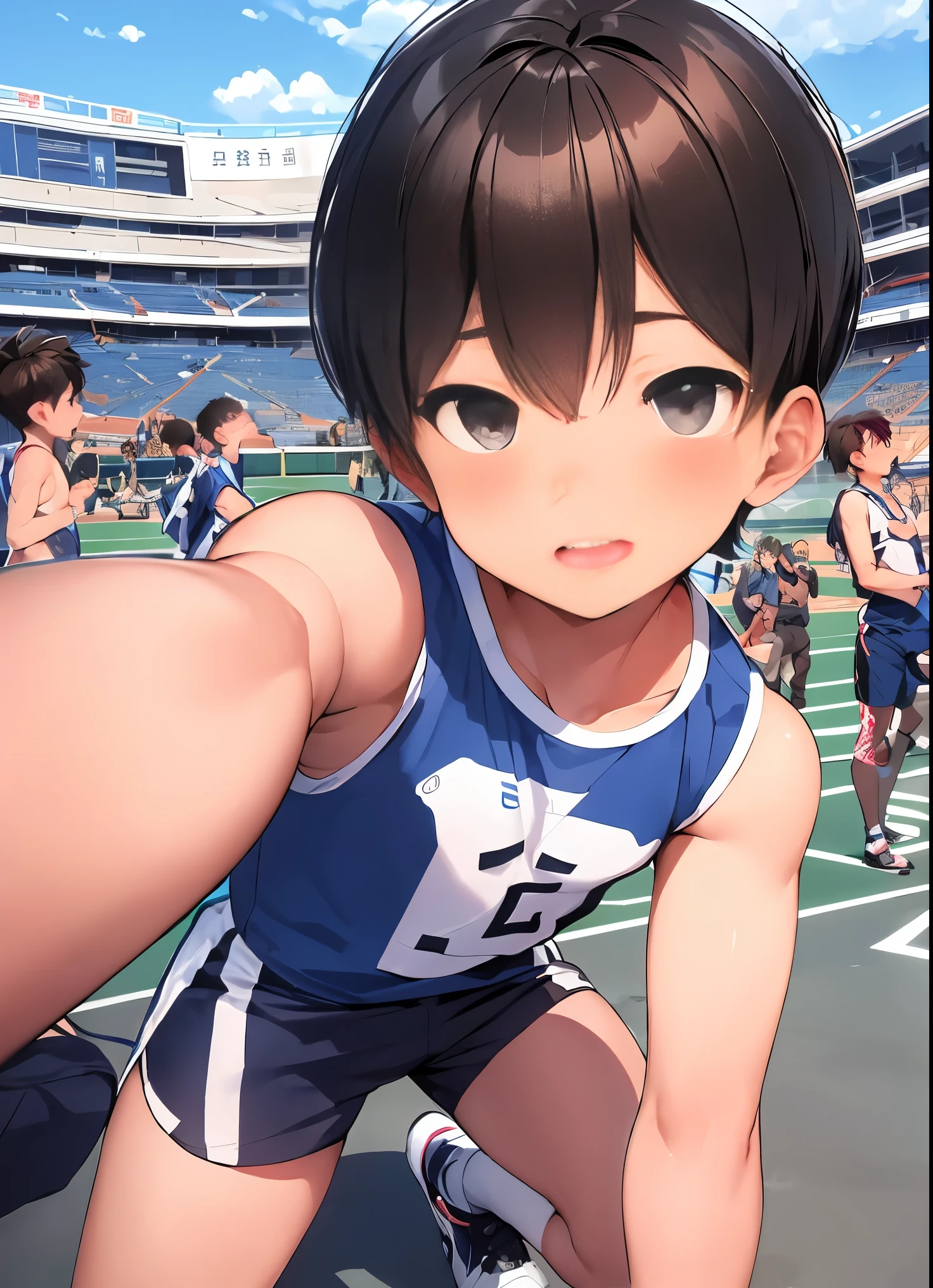 1 person,  Masterpieces and high quality of multiple elementary school boys), show、in a group photo、athletics stadium background