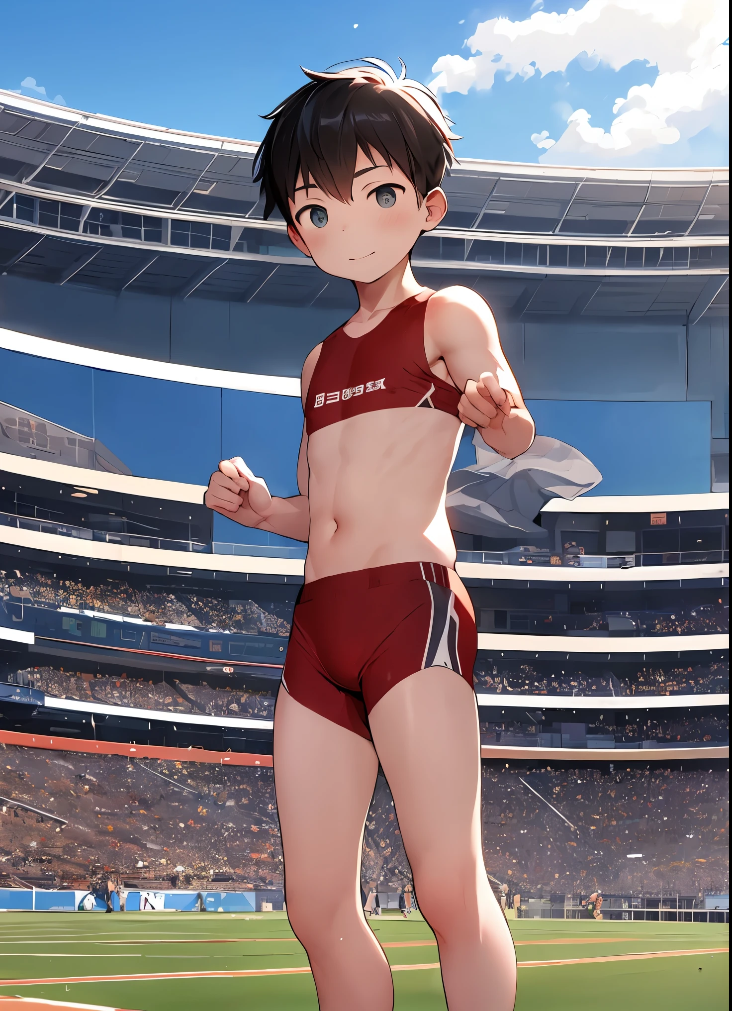 1 person,  Masterpieces and high quality of multiple elementary school boys), show、in a group photo、athletics stadium background