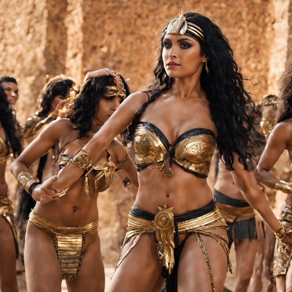 (Conan movie)(best quality,4k,highres:1.2),ultra-detailed,realistic:1.37, A group of Egyptian women (aged near 20, various builds and complexions, tend towards and nimble, scantily clad in ancient Egyptian dancer attire, make up, and accentuating body paint) Have been ordered to dance by their queen. Sensual belly dance, graceful serpentine movement, torch light dancing on oiled skin, alluring grace and beauty, revealing outfits. Seduction, lesbian kisses, lesbian caresses, lewd poses. drive the crowd wild