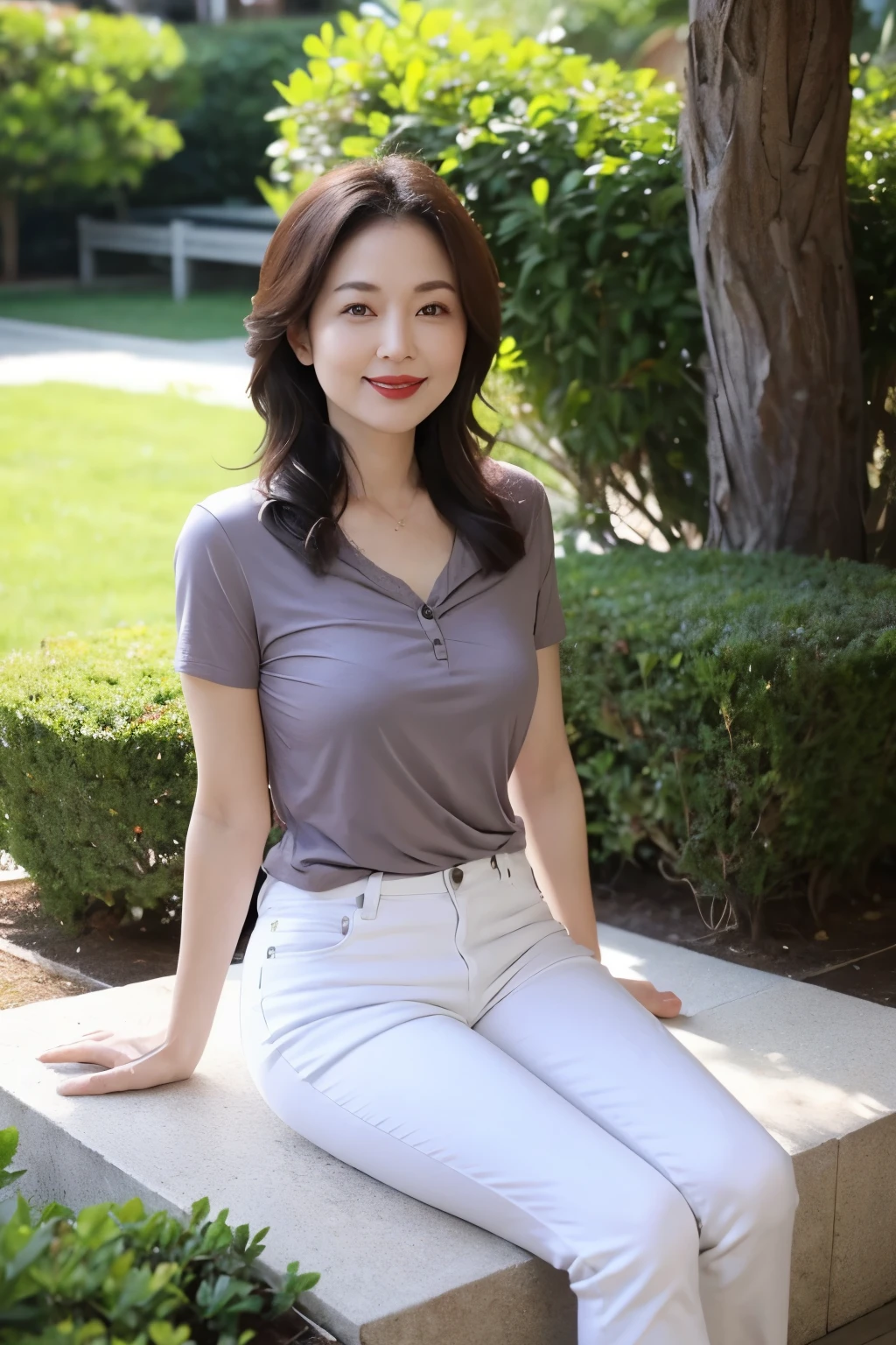 Draw lips correctly, red lipstick, from chest up, best quality, Super detailed, lifelike, Super fine skin, perfect anatomy, (1 日本Mature的女人), (alone)，gray shirt，short sleeve，white jeans，wavy long hair，37-year-old female，Mature，charming smile，garden background，stand，Leg length，The body is fat，Big breasts，full-body shot。