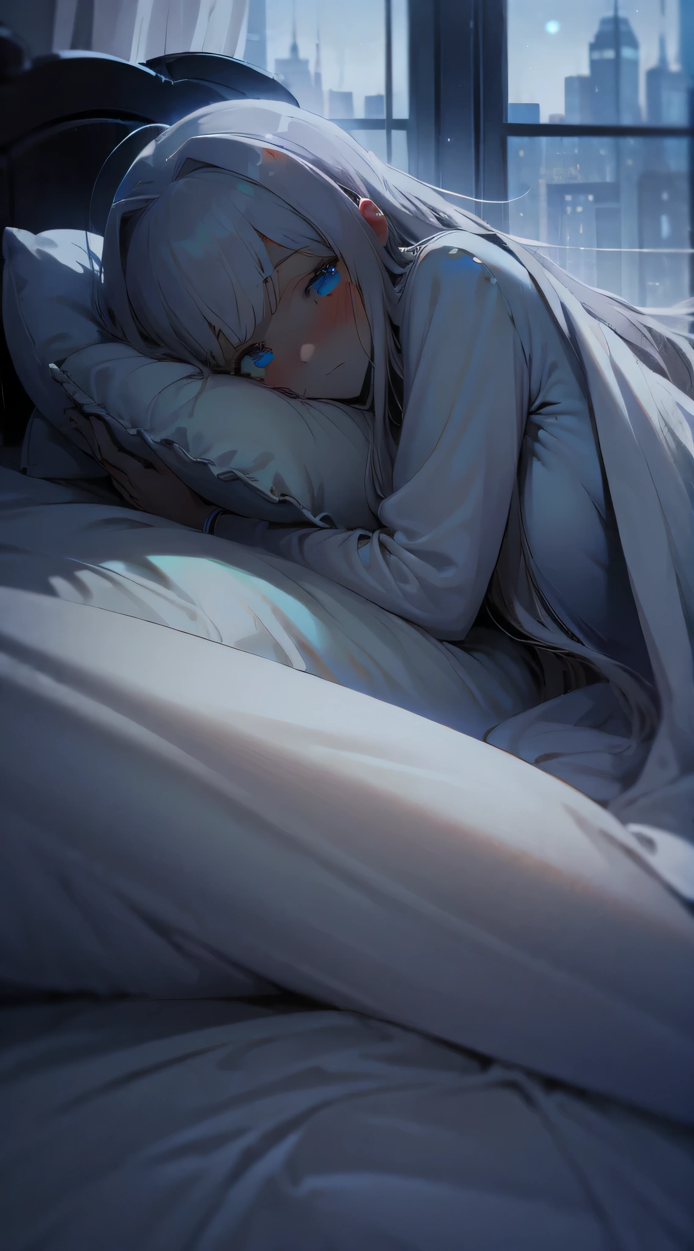 Blue theme, Masterpiece, ultra detail, best quality, depth of field, ultra lighting, dark theme, pillow, window, 1girl, under covers, lying, bed sheet, pillow hug, on bed, solo, bed, tears, futon, bright blue eyes, object hug, indoors, bedroom, bangs, long hair, grey hair, on side, illyasviel von einzbern, looking at viewer, pillow grab, closed mouth, blanket, blush, holding pillow, nude, naked, window, night city view, starry sky, top body