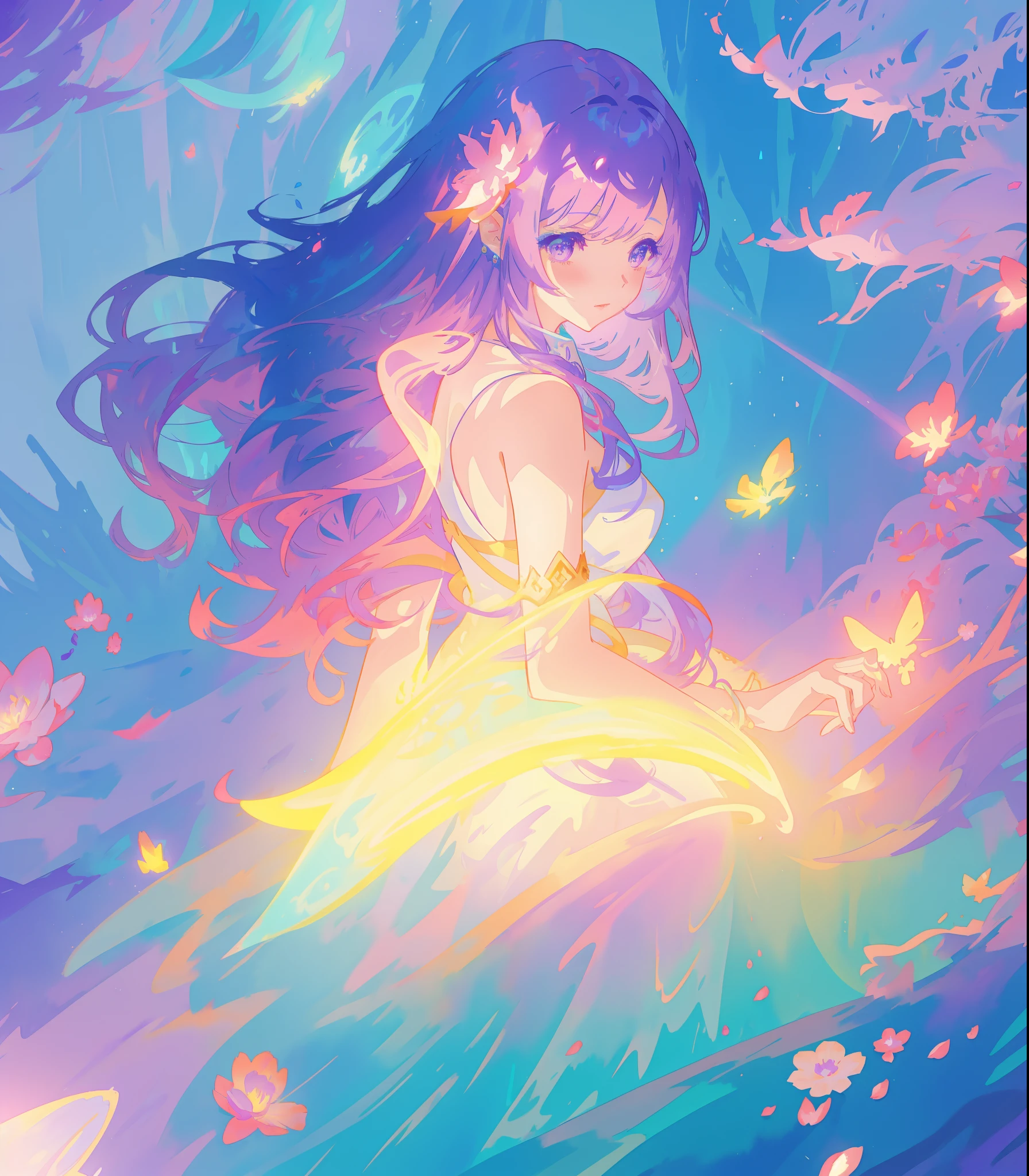 beautiful girl in gradient layered fantasy dress, long flowing blue purple hair, colorful fantasia background, watercolor illustration, disney art style, glowing aura around her, glowing lights, beautiful digital illustration, fantasia otherworldly landscape plants flowers, beautiful, masterpiece, best quality, anime disney style
