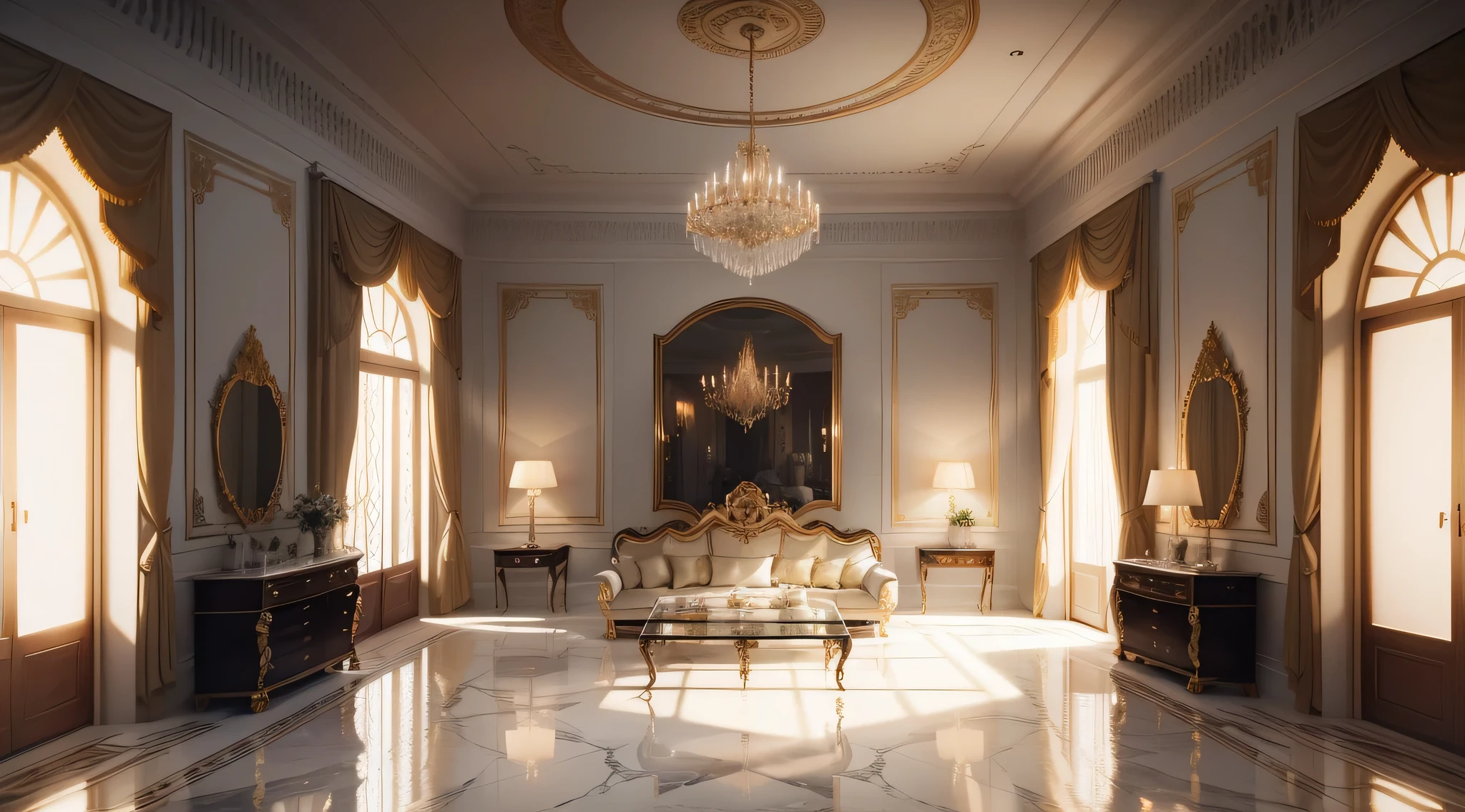 After entering the living room of the villa, You are greeted by pristine polished marble floors, Soaring plaster ceilings and glittering crystal chandeliers stand out. Your gaze is drawn to a delicate and detailed mural, Depicting classical scenes with extraordinary skill. The ornately carved wooden furniture showcases impeccable craftsmanship, Immerse yourself in a luxurious velvet sofa, You immerse yourself in the tactile comfort of the silk interior. The walls are decorated with elaborately carved classical artwork, Light and shadow intertwined, Create breathtaking artistic tapestries. Adequate lighting, no light from windows.