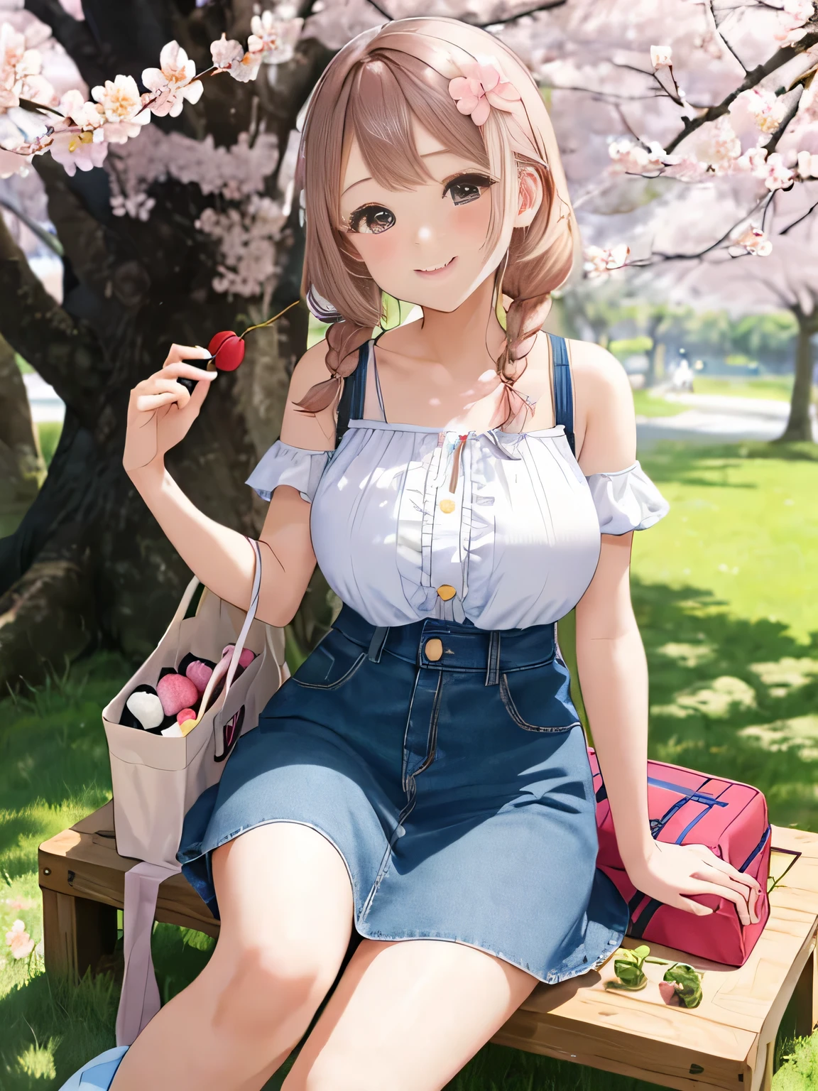 highest quality、High resolution、detailed background、beautiful and detailed face、beautiful and smooth skin、skin texture、professional lighting、Beautiful  girl、(three women)、(huge breasts:1.1)、Cute Braid Hairstyles、smile、enjoy、
spring casual outfit、
Choose tops or dresses with floral or cherry blossom patterns to create a spring-like atmosphere..、
Pair it with a pastel-colored skirt or denim skirt to create a cute look.。、Pair it with pumps or flat shoes for a feminine look..、
Make it even cuter by using flower hairpins or ribbons as accessories..、
that is a typical spring event and is held in Japan to celebrate the blooming of cherry blossoms.、
Enjoy a picnic under the cherry blossom trees、Enjoy cherry blossom viewing in the park or along the river.、
We will provide a pad for you to sit on., Leisure sheets, blue sheets, etc..、
Cushions and folding chairs can also be used..、
Please bring your own food and drinks., alcohol, Bento, And sweets.、
If necessary, Don&#39;Don&#39;t forget to bring items to protect you from sunburn and insect bites., Sunscreen, insect repellent, etc..、
that is common to enjoy lunch boxes and drinks in a picnic mood.、
that&#39;It&#39;s also a good idea to prepare dishes that are perfect for cherry blossom viewing., Onigiri etc., sushi, And cherry blossom viewing bento.、
In addition to spending time under the cherry blossom trees、, You can also enjoy shopping and eating and drinking at nearby shops and food stalls..、
景色と舞う桜の花びらをenjoy, Play music and have fun with friends and family, Playing games, Chat with.