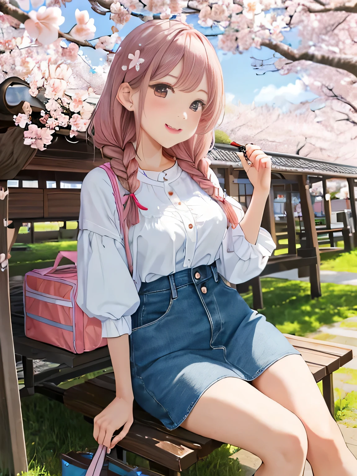 highest quality、High resolution、detailed background、beautiful and detailed face、beautiful and smooth skin、skin texture、professional lighting、Beautiful teenage girl、(three women)、(huge breasts:1.1)、Cute Braid Hairstyles、smile、enjoy、
spring casual outfit、
Choose tops or dresses with floral or cherry blossom patterns to create a spring-like atmosphere..、
Pair it with a pastel-colored skirt or denim skirt to create a cute look.。、Pair it with pumps or flat shoes for a feminine look..、
Make it even cuter by using flower hairpins or ribbons as accessories..、
that is a typical spring event and is held in Japan to celebrate the blooming of cherry blossoms.、
Enjoy a picnic under the cherry blossom trees、Enjoy cherry blossom viewing in the park or along the river.、
We will provide a pad for you to sit on., Leisure sheets, blue sheets, etc..、
Cushions and folding chairs can also be used..、
Please bring your own food and drinks., alcohol, Bento, And sweets.、
If necessary, Don&#39;Don&#39;t forget to bring items to protect you from sunburn and insect bites., Sunscreen, insect repellent, etc..、
that is common to enjoy lunch boxes and drinks in a picnic mood.、
that&#39;It&#39;s also a good idea to prepare dishes that are perfect for cherry blossom viewing., Onigiri etc., sushi, And cherry blossom viewing bento.、
In addition to spending time under the cherry blossom trees、, You can also enjoy shopping and eating and drinking at nearby shops and food stalls..、
景色と舞う桜の花びらをenjoy, Play music and have fun with friends and family, Playing games, Chat with.
