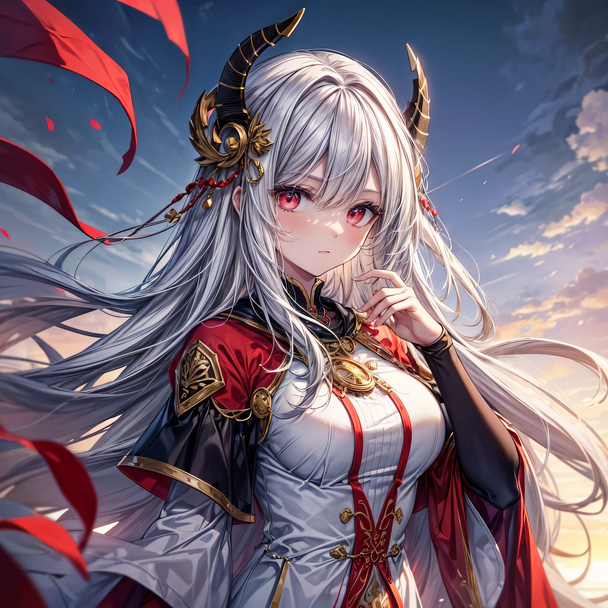 ( High quality , ultra detailed, careful with hand )Zodiac - Aries goddess , similar to latin goodness , Efficient, industrious, calm, altruistic, adaptable face , over-critical, materialistic style , mature , deep red eyes (eyes detail) , long hair , mist-grey hair , transparent dress , in the paddy field , sheeps, half body , make up look , like a fire goddess. With nature. Close-up