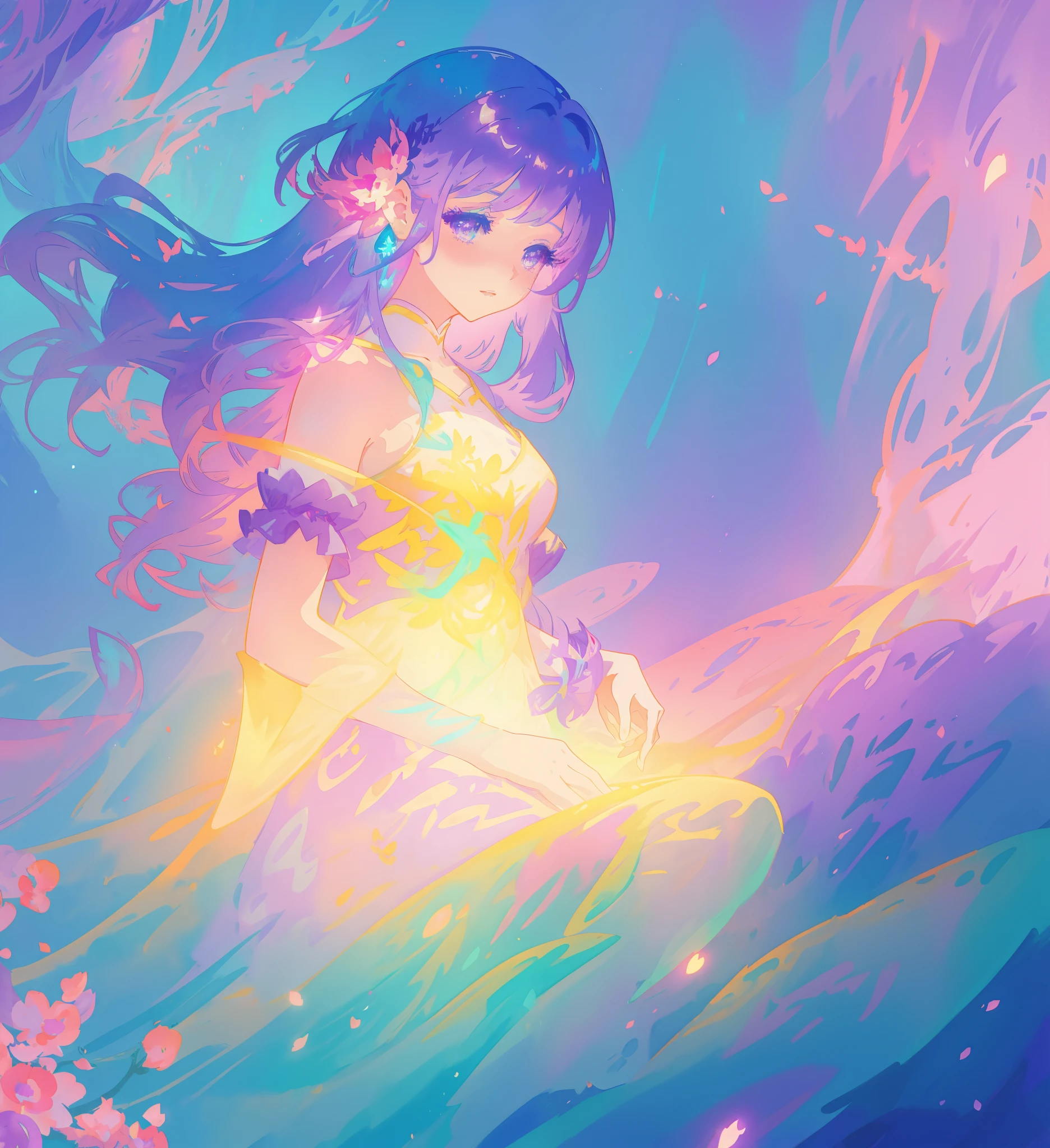 beautiful girl in gradient layered fantasy dress, long flowing blue purple hair, colorful fantasia background, watercolor illustration, disney art style, glowing aura around her, glowing lights, beautiful digital illustration, fantasia otherworldly landscape plants flowers, beautiful, masterpiece, best quality, anime disney style