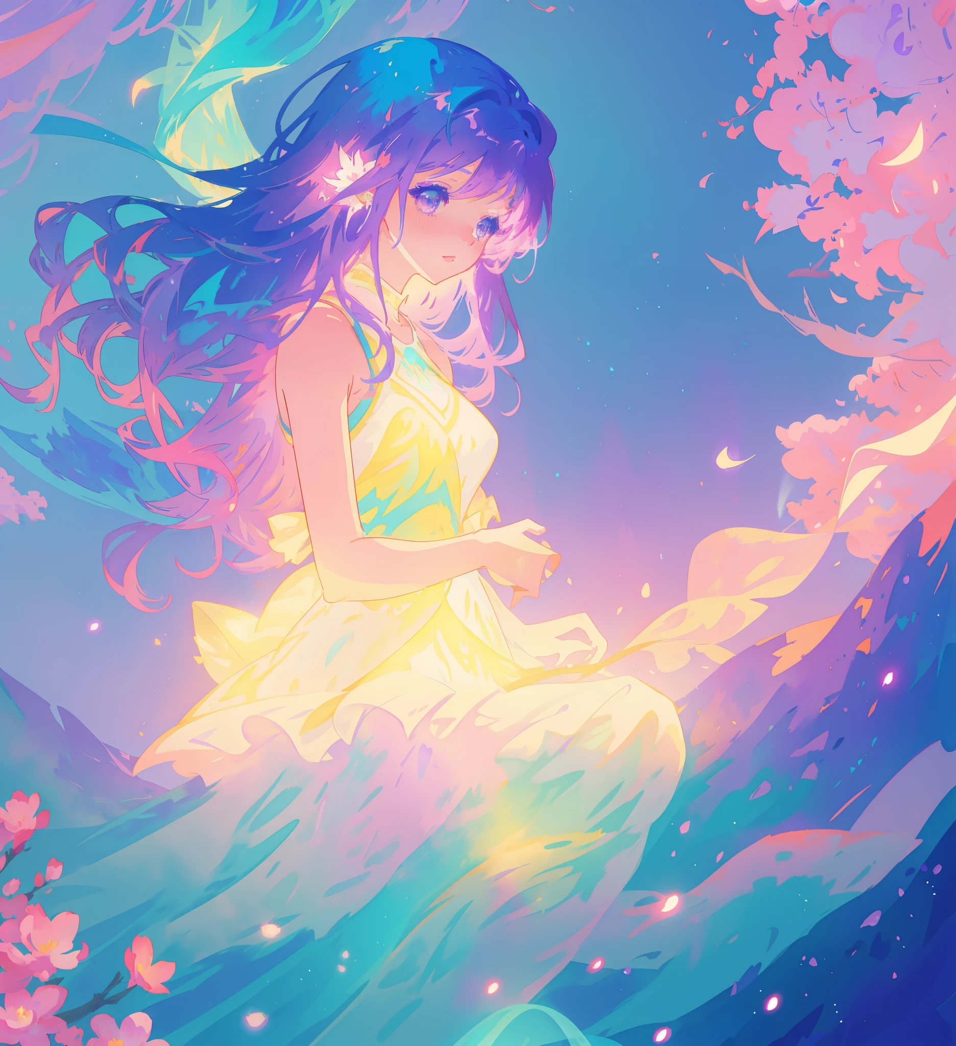 beautiful girl in gradient layered fantasy dress, long flowing blue purple hair, colorful fantasia background, watercolor illustration, disney art style, glowing aura around her, glowing lights, beautiful digital illustration, fantasia otherworldly landscape plants flowers, beautiful, masterpiece, best quality, anime disney style