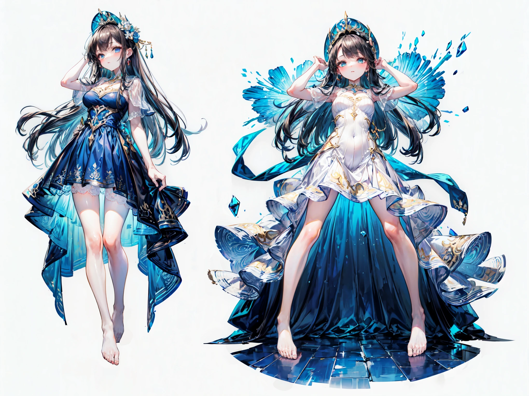 character design sheet of 1 girl - a wearing (beautiful silk dress), (pose), high quality, (lovely) ,intricate detailed large silk dress, highly detailed ((silk dress) , highly detailed decorations, (cute), studio lighting, (full body image from head to toe:1.5), (simple background)