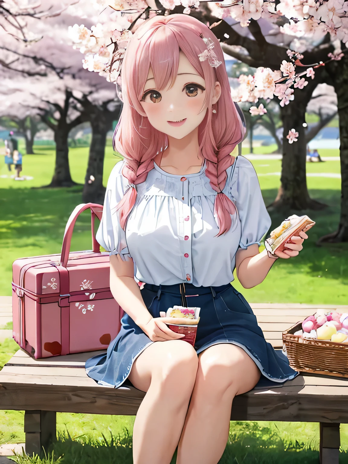 highest quality、High resolution、detailed background、beautiful and detailed face、beautiful and smooth skin、skin texture、professional lighting、Beautiful teenage girl、(three women)、(huge breasts:1.1)、Cute Braid Hairstyles、smile、enjoy、
spring casual outfit、
Choose tops or dresses with floral or cherry blossom patterns to create a spring-like atmosphere..、
Pair it with a pastel-colored skirt or denim skirt to create a cute look.。、Pair it with pumps or flat shoes for a feminine look..、
Make it even cuter by using flower hairpins or ribbons as accessories..、
that is a typical spring event and is held in Japan to celebrate the blooming of cherry blossoms.、
Enjoy a picnic under the cherry blossom trees、Enjoy cherry blossom viewing in the park or along the river.、
We will provide a pad for you to sit on., Leisure sheets, blue sheets, etc..、
Cushions and folding chairs can also be used..、
Please bring your own food and drinks., alcohol, Bento, And sweets.、
If necessary, Don'Don't forget to bring items to protect you from sunburn and insect bites., Sunscreen, insect repellent, etc..、
that is common to enjoy lunch boxes and drinks in a picnic mood.、
that'It's also a good idea to prepare dishes that are perfect for cherry blossom viewing., Onigiri etc., sushi, And cherry blossom viewing bento.、
In addition to spending time under the cherry blossom trees、, You can also enjoy shopping and eating and drinking at nearby shops and food stalls..、
景色と舞う桜の花びらをenjoy, Play music and have fun with friends and family, Playing games, Chat with.