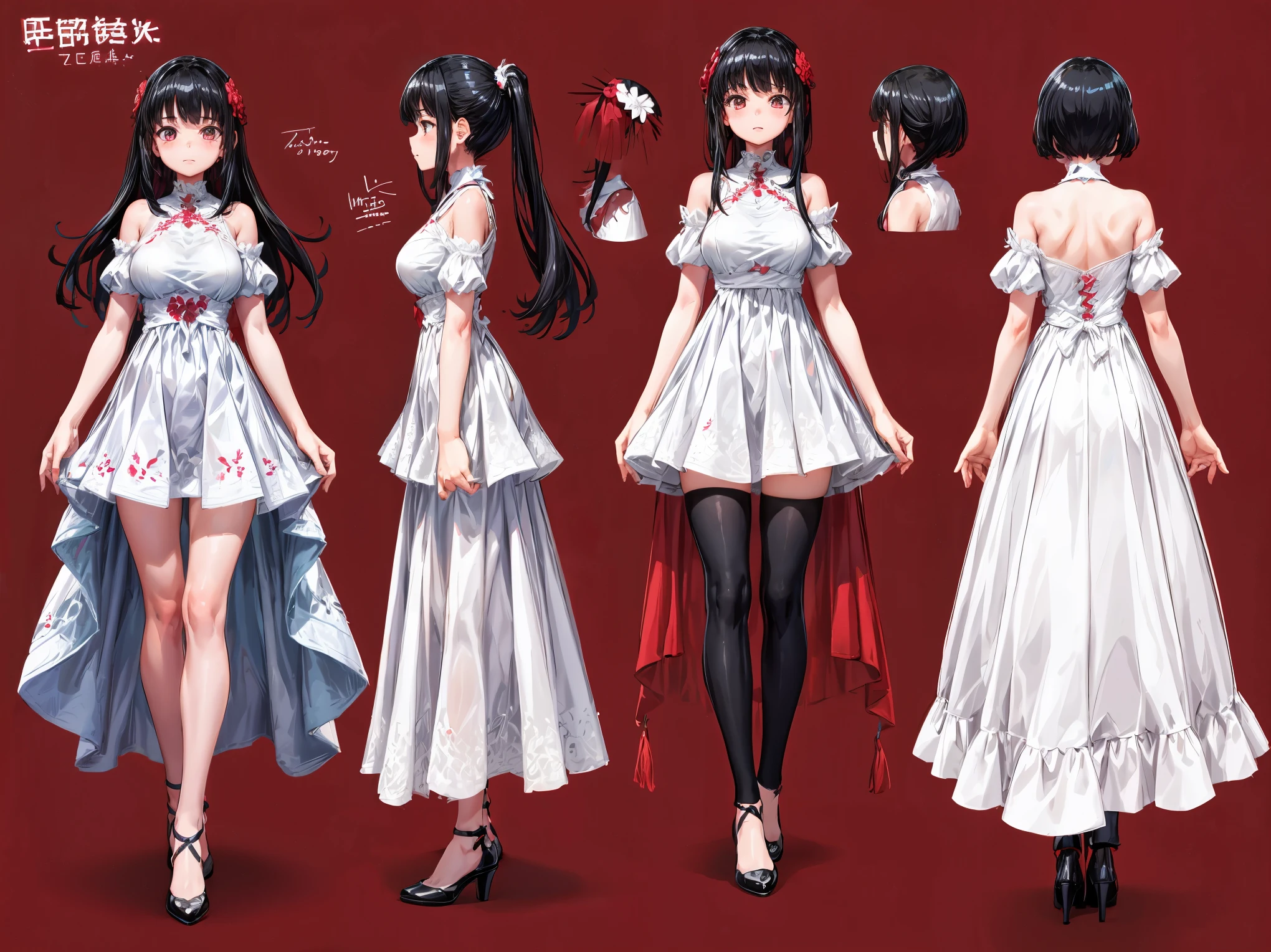 multiple views,1 girl,large dress,white silk dress,simple background,black hair