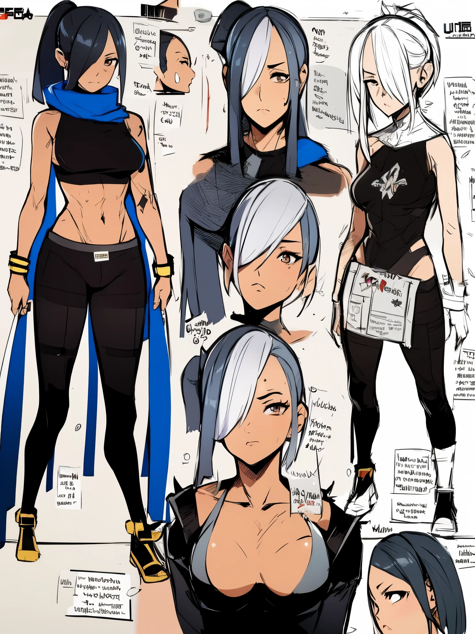 multiple views, character chart, move chart, zoom layer, tachi-e, omake, reference sheet, stereogram, anime, UHD, masterpiece, anatomically correct, textured skin, best quality, highres,(1 female with sliver hairs, ponytail, hair over one eye), (Wearing sliver tights with sliver shawl),character design sheet