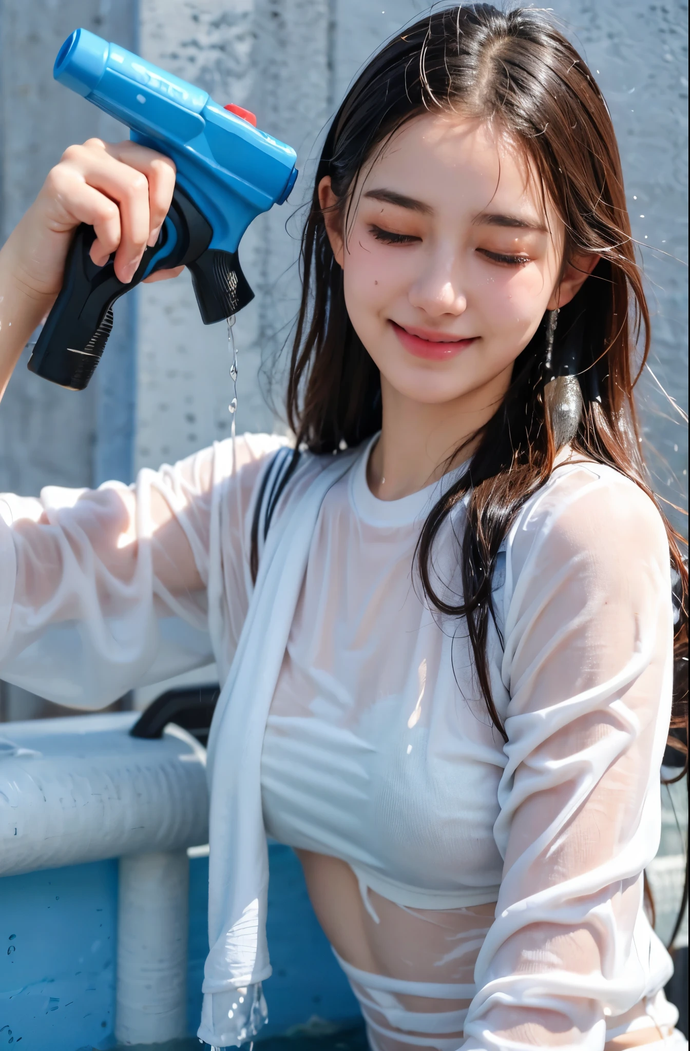 masterpiece, best quality, extremely detailed, hyperrealistic, photorealistic, a beautiful girl, street:1.3, water splash:1.3, wet clothes:1.1, wet hair:1.3, wet body, ultra detailed face, white tops, closed eyes, happy smile, water gun, songkran