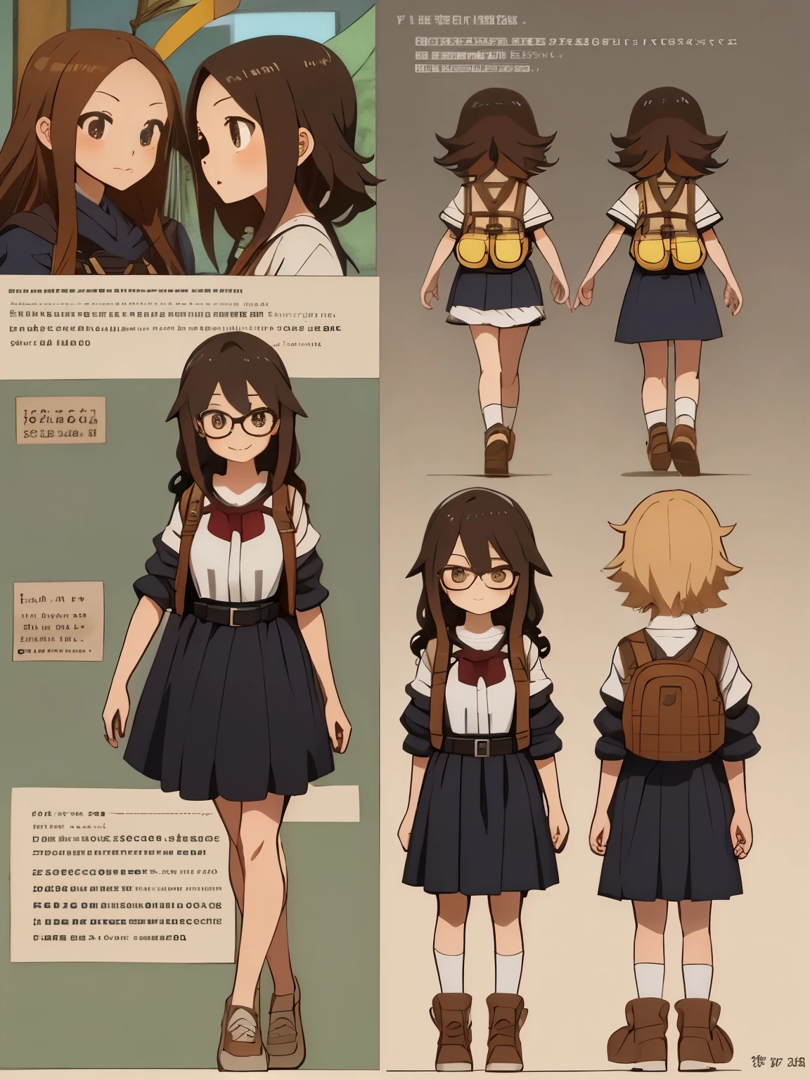 （masterpiece、Super exquisite、high resolution），（romantic、Innocent、𝓡𝓸𝓶𝓪𝓷𝓽𝓲𝓬、adventure、Bold、Travel Elements），（character design sheet:1.5, same characters, front, side, Back),  girl wearing princess costume, Glasses, Long curly hair, bow, lace, Black Sweater, bag, waist pouch, harness, tool带, tool