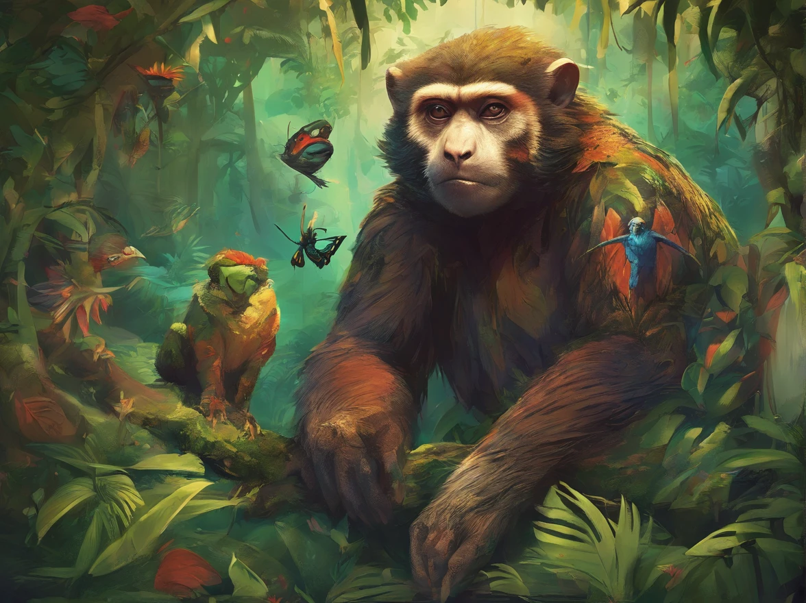 monkey，sloth，leopard，Parrot，chameleon，colorful snake，Butterfly，Kingfisher flies by the lake，frog on plant leaf，Gorilla，The rich biodiversity of tropical rainforests. various creatures, Includes vibrant birds, 顽皮的monkey, Invasive insects, and gorgeous big cats, should be arranged in a circle, Create lush and artistic expressions of jungle ecosystems.
