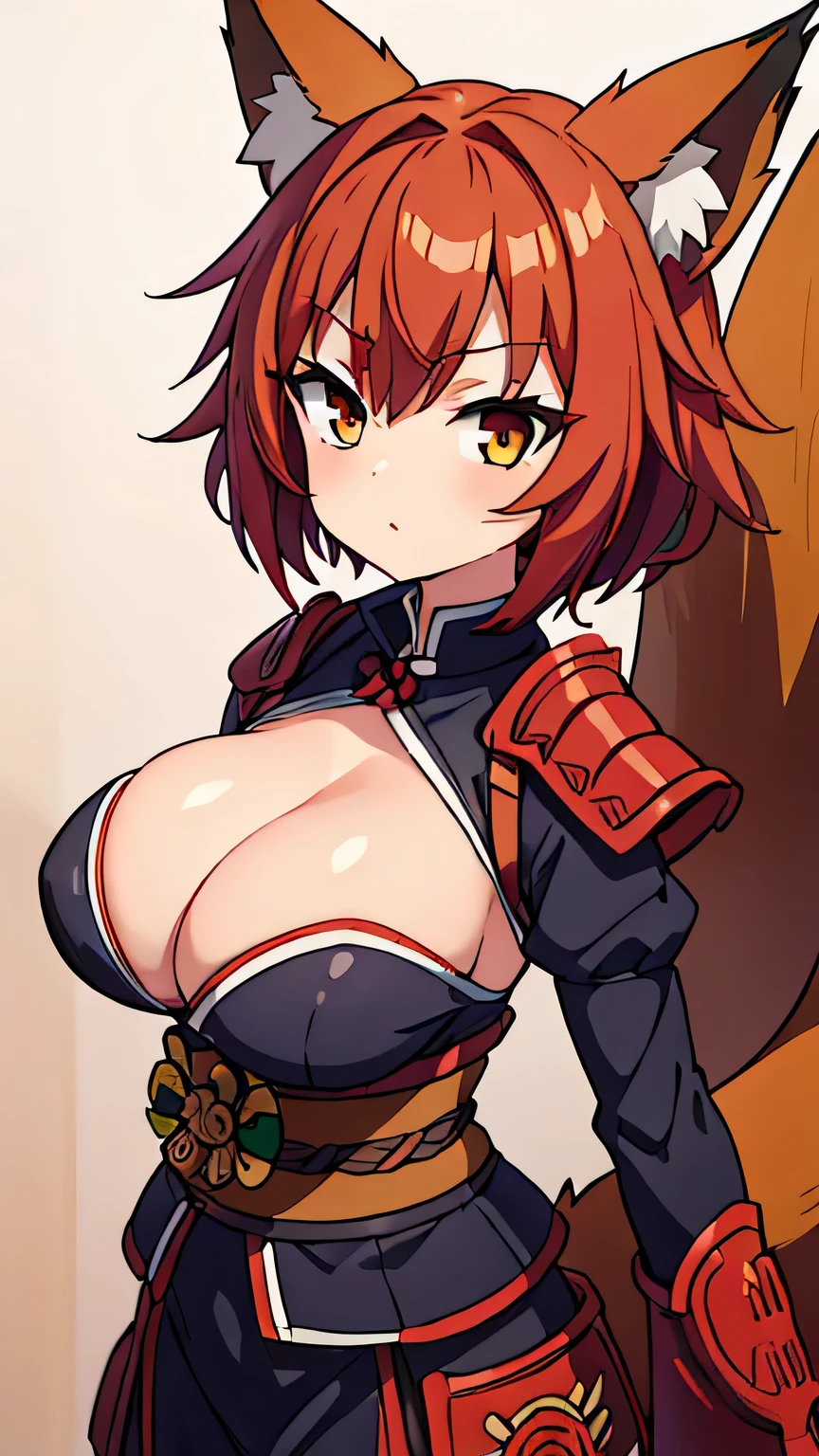 girl,huge breasts,cleavage,short hair,redhead,fox ears,fox tail,warrior,