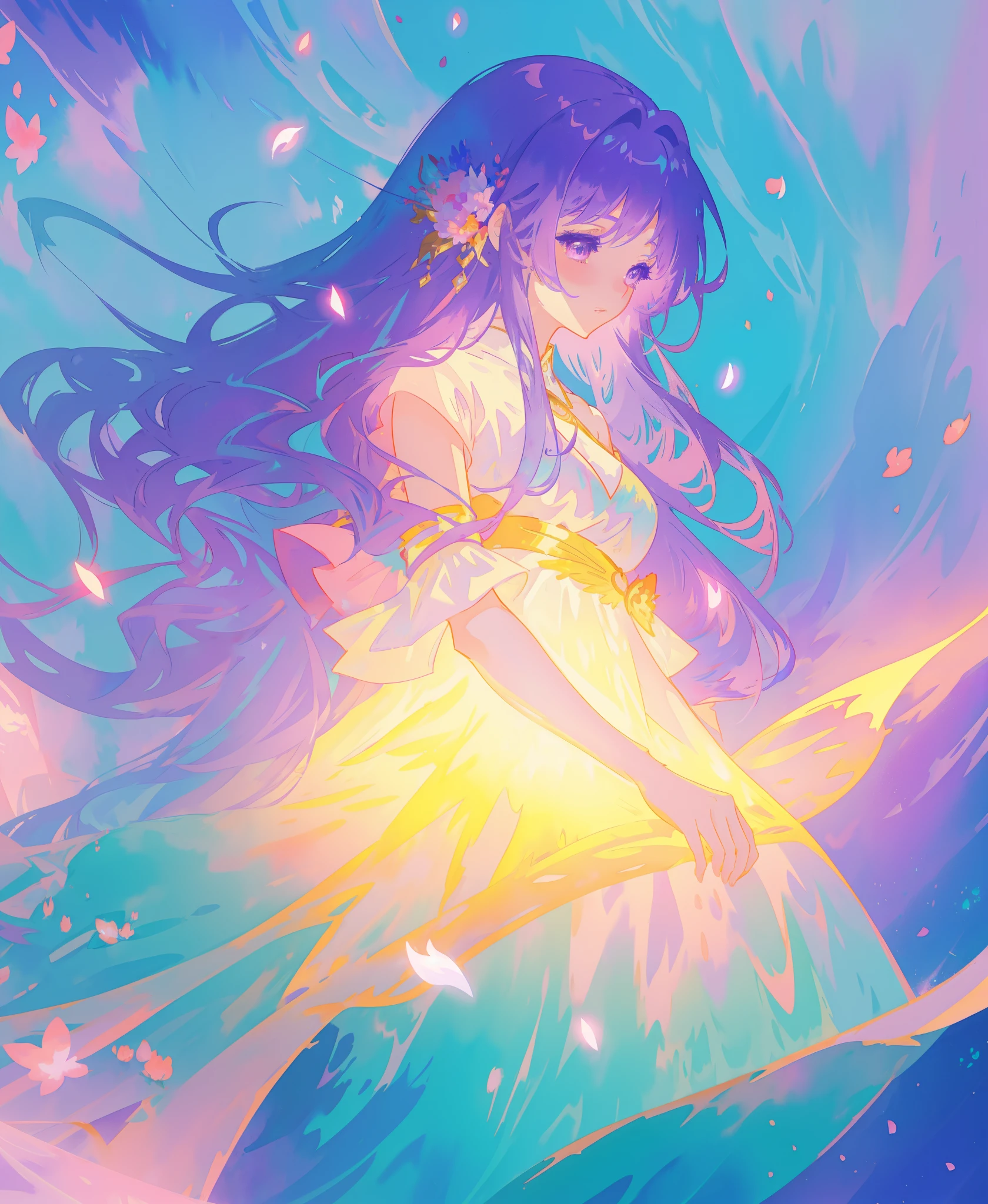 beautiful girl in gradient layered fantasy dress, long flowing blue purple hair, colorful fantasia background, watercolor illustration, disney art style, glowing aura around her, glowing lights, beautiful digital illustration, fantasia otherworldly landscape plants flowers, beautiful, masterpiece, best quality, anime disney style