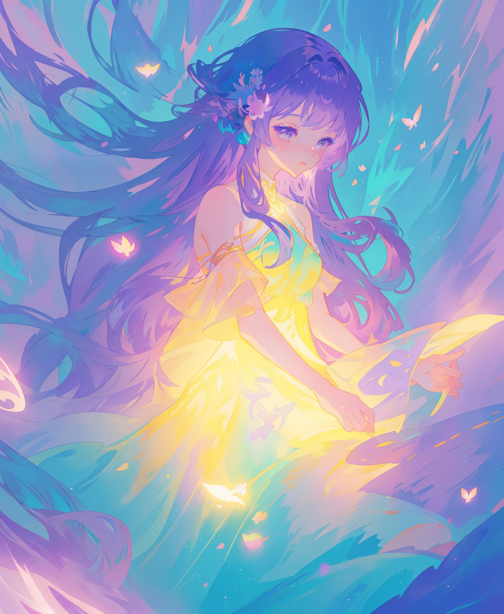 beautiful girl in gradient layered fantasy dress, long flowing blue purple hair, colorful fantasia background, watercolor illustration, disney art style, glowing aura around her, glowing lights, beautiful digital illustration, fantasia otherworldly landscape plants flowers, beautiful, masterpiece, best quality, anime disney style