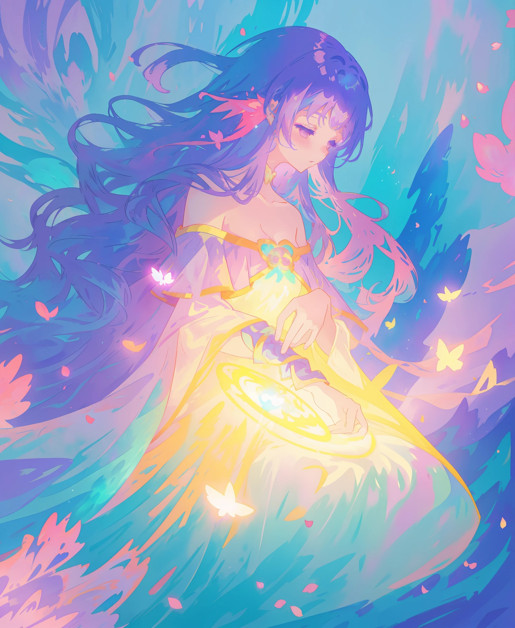 beautiful girl in gradient layered fantasy dress, long flowing blue purple hair, colorful fantasia background, watercolor illustration, disney art style, glowing aura around her, glowing lights, beautiful digital illustration, fantasia otherworldly landscape plants flowers, beautiful, masterpiece, best quality, anime disney style