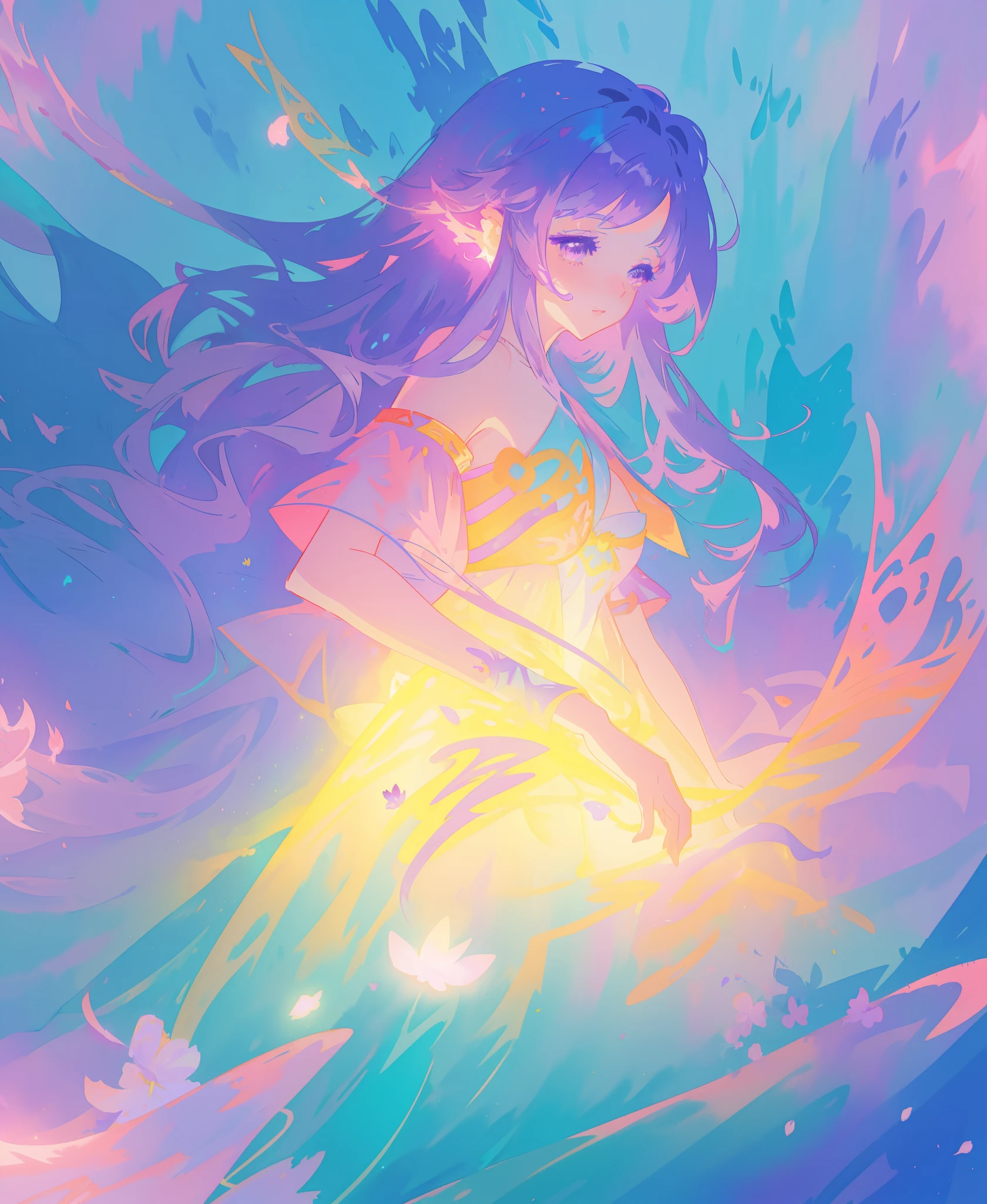 beautiful girl in gradient layered fantasy dress, long flowing blue purple hair, colorful fantasia background, watercolor illustration, disney art style, glowing aura around her, glowing lights, beautiful digital illustration, fantasia otherworldly landscape plants flowers, beautiful, masterpiece, best quality, anime disney style