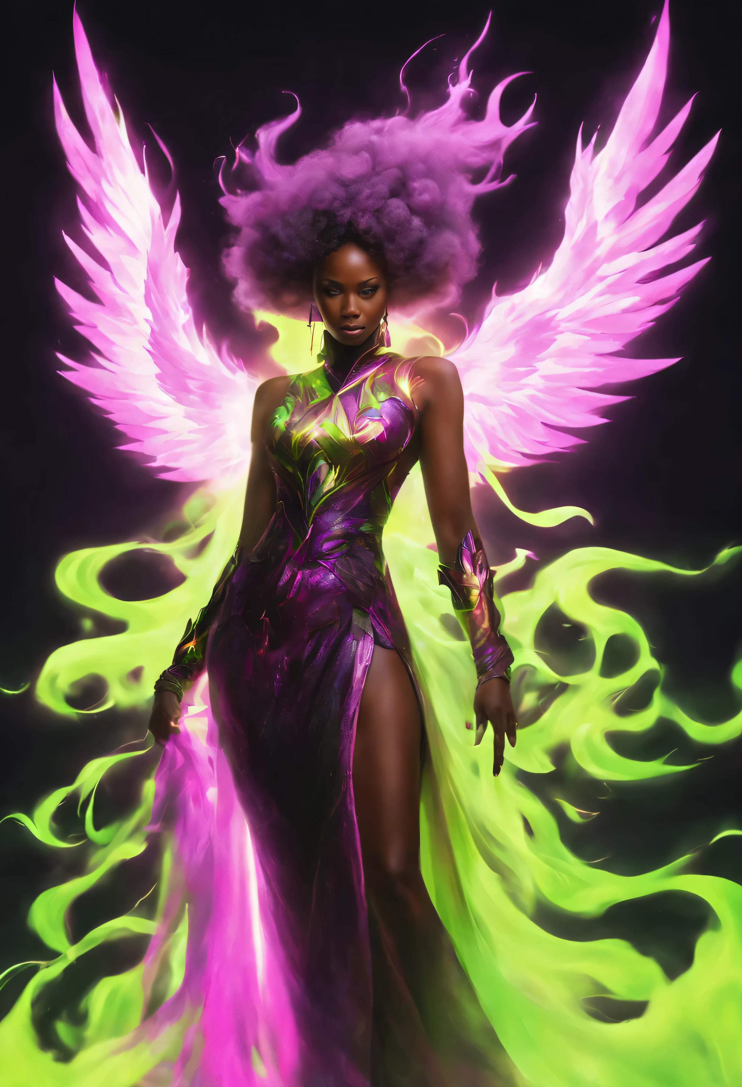 A majestic African American woman portrayed as a phoenix reborn from digital ashes in a blaze of lime green, purple, pink, and black neon luminous flames