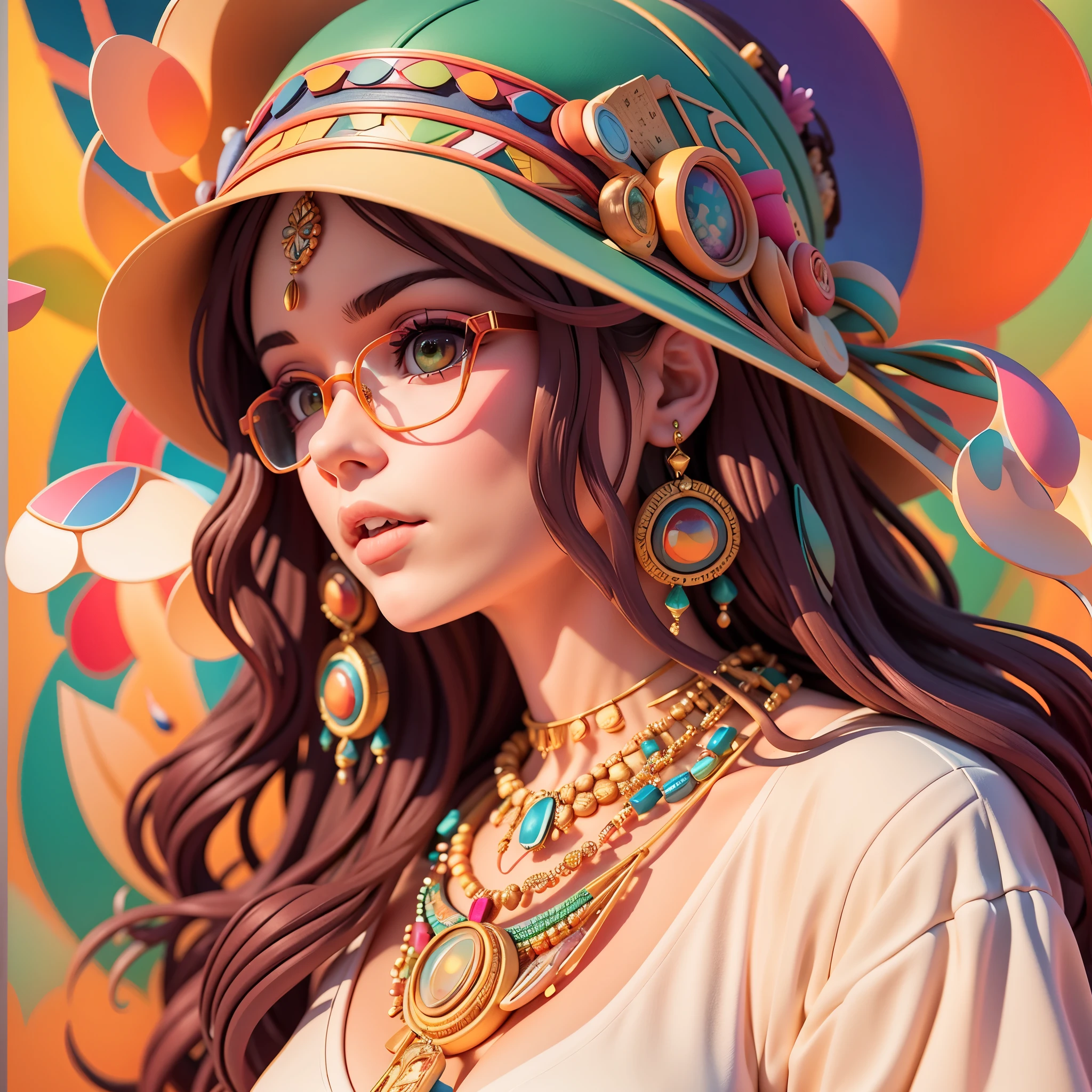 women oil painting，Glasses looking at the lens，Postmodern art，Bohemian style，bejeweled hat，gemstone earrings，necklace，Mosaic glass background wall，shadows, ray tracing, decoration, high resolution, strong outlines, colorful background, aggressive, beautiful (Illustration: 1.05), (film light: 1.1), cool aesthetic, aesthetic style, hard illustration, backwards, 8k, film Granules, Kodak Portra 800, f1. 8. Prime time, 3d rendering,