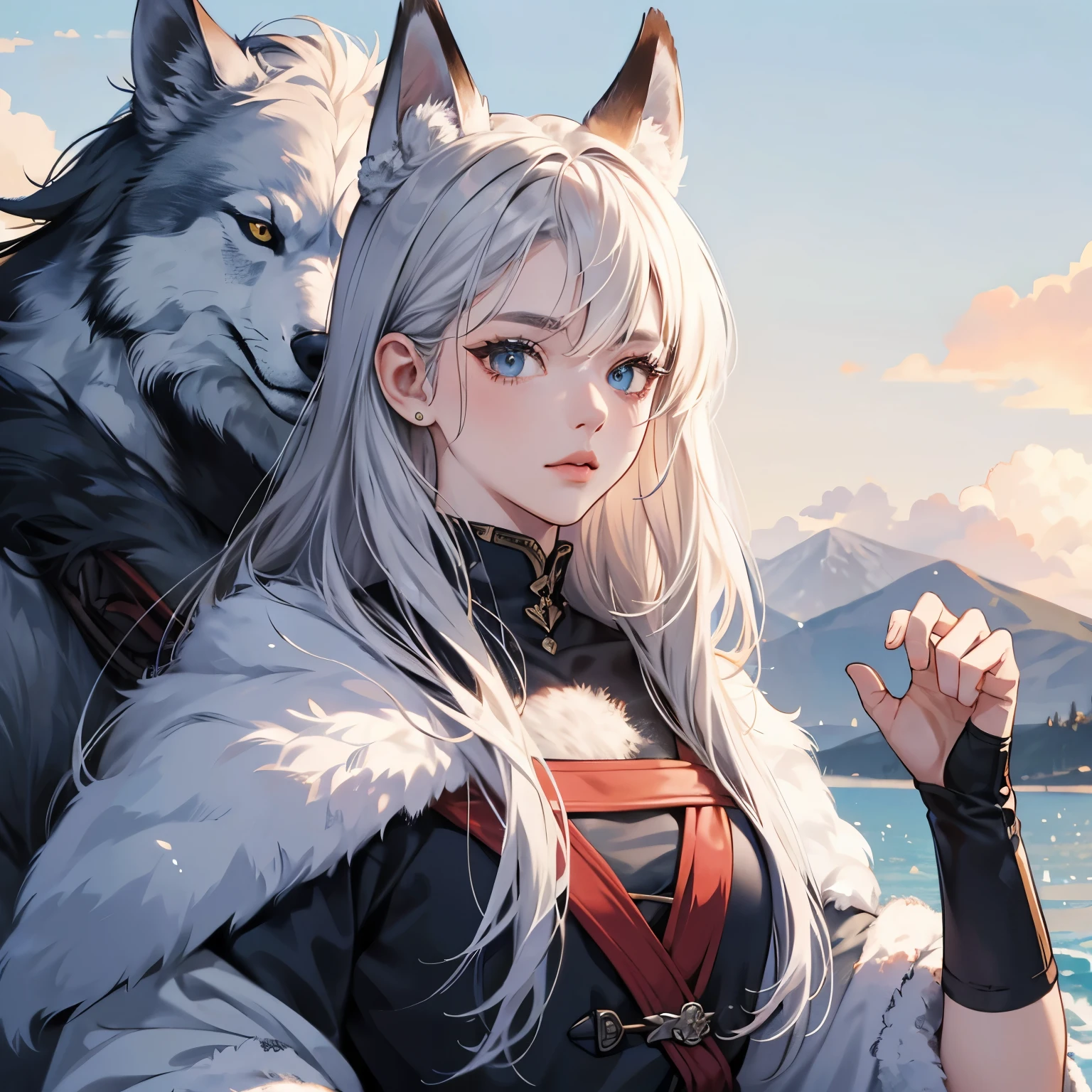 (SFW)Uma linda loba furry, wearing nordic warrior clothes,cabelos vermelhos arrepiados longos,orelhas de lobo,olhos azuis, thin lips, rosto redondo, seios grandes, female wolf warrior, imponente e perfeita(SFW)