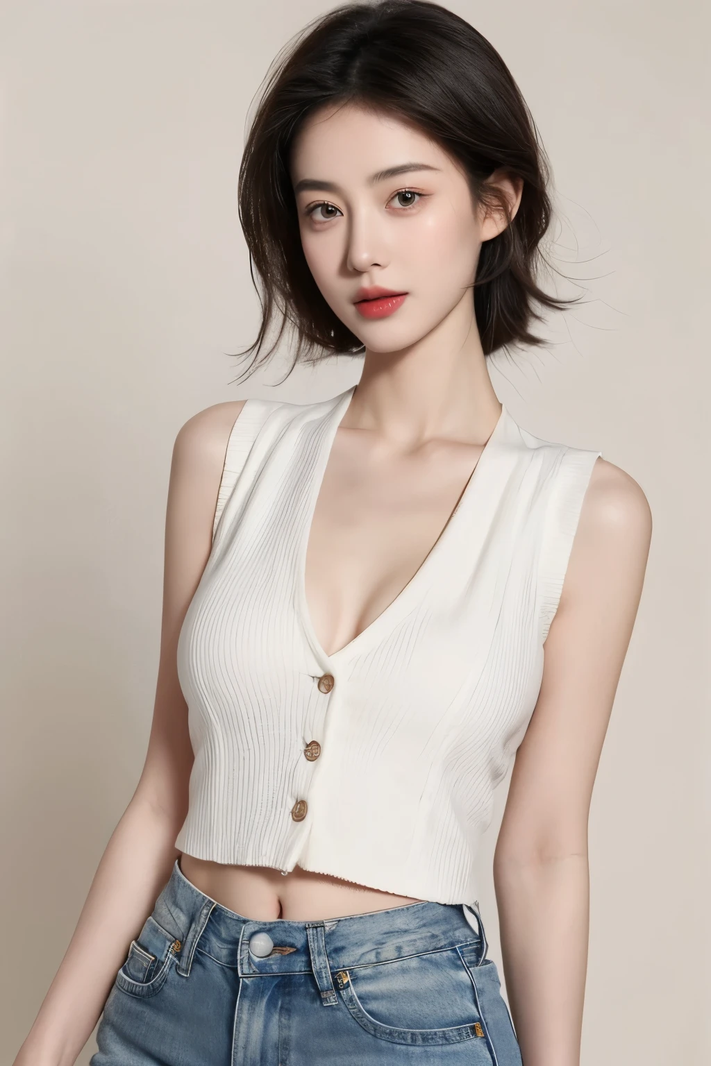 (lifelike,high resolution:1.3), A slim girl, The face shape and eyes are super delicate,black hair,red glossy lips,(beautiful face), (best quality), (Super detailed), (Extremely detailed CG unified 8k wallpaper),((Low-cut vest)),(White background),(A little cleavage),(Model photo),sexy look,big eyes,(standing),(denim skirt),Eyes look at the audience,soft breasts,very realistic breasts,Straight chest,Character centered,black hair,Model posing,(Slim waistline)