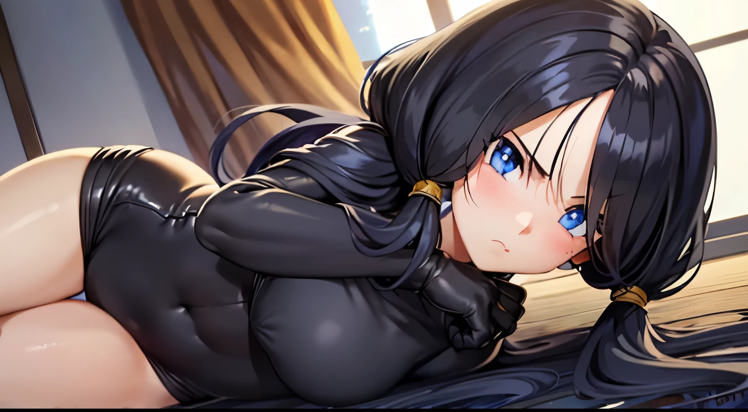 masterpiece, highest quality,High resolution, 1girl,girl,saw 2, blue eyes, black hair, Low twintails and short cut,black tight suit,black rubber suit,put your hand on your waist,open your legs wide,serious face,Research room,graduate School
