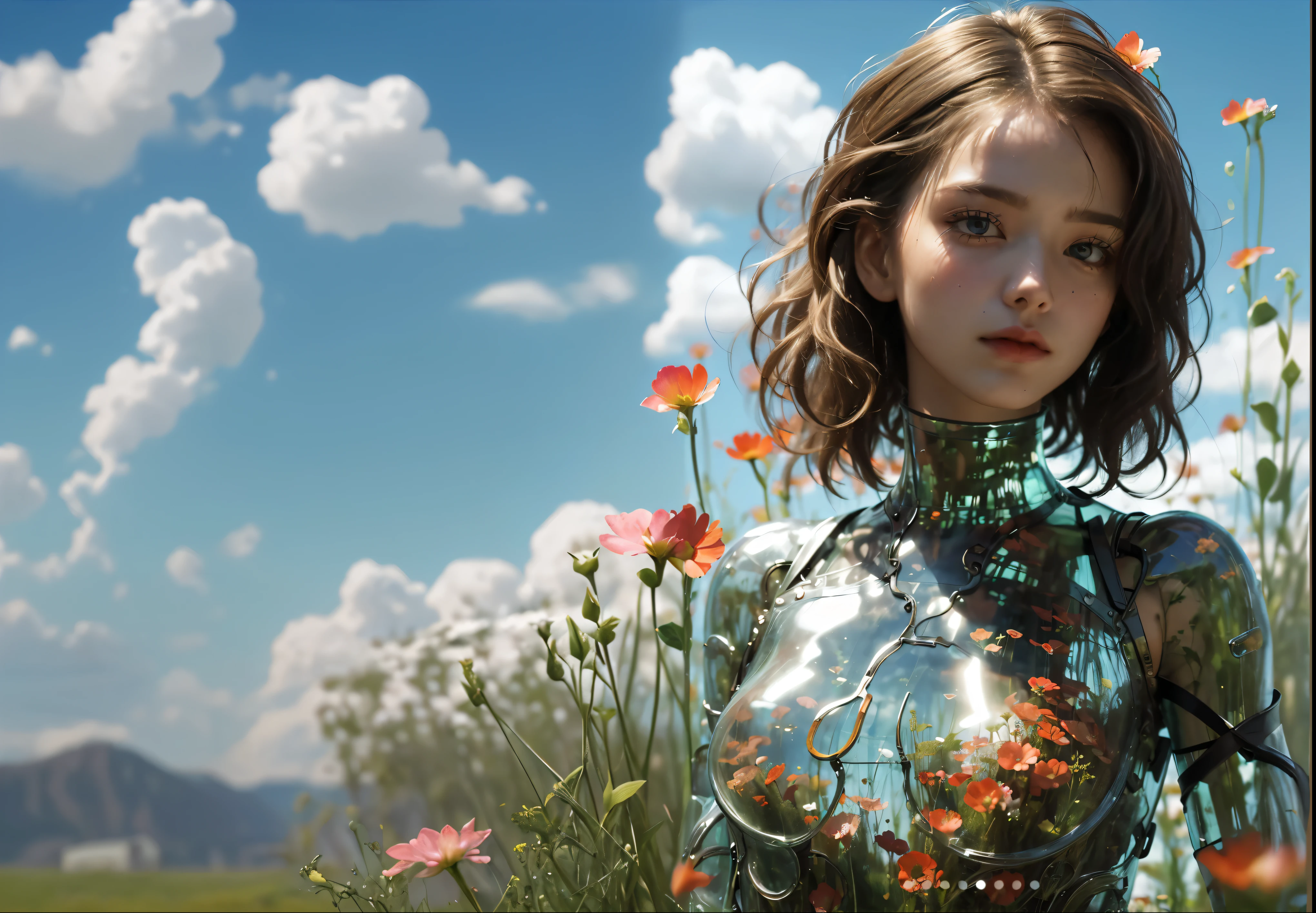 flores, cielo, cielo, exterior, Science fiction, difuminar, grass, realism, nubes, blue cielo, pecho, labios, transparente, transparente, transparente, 