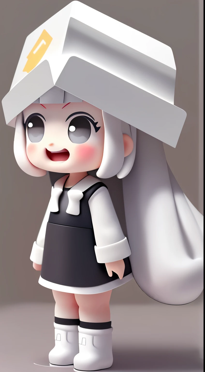 Bubble Mart blind box style,A cute girl who loves to laugh,Wearing a white box-shaped hat,princess cut hairstyle,Off-white hair,Wearing dark gray skirt and boots
