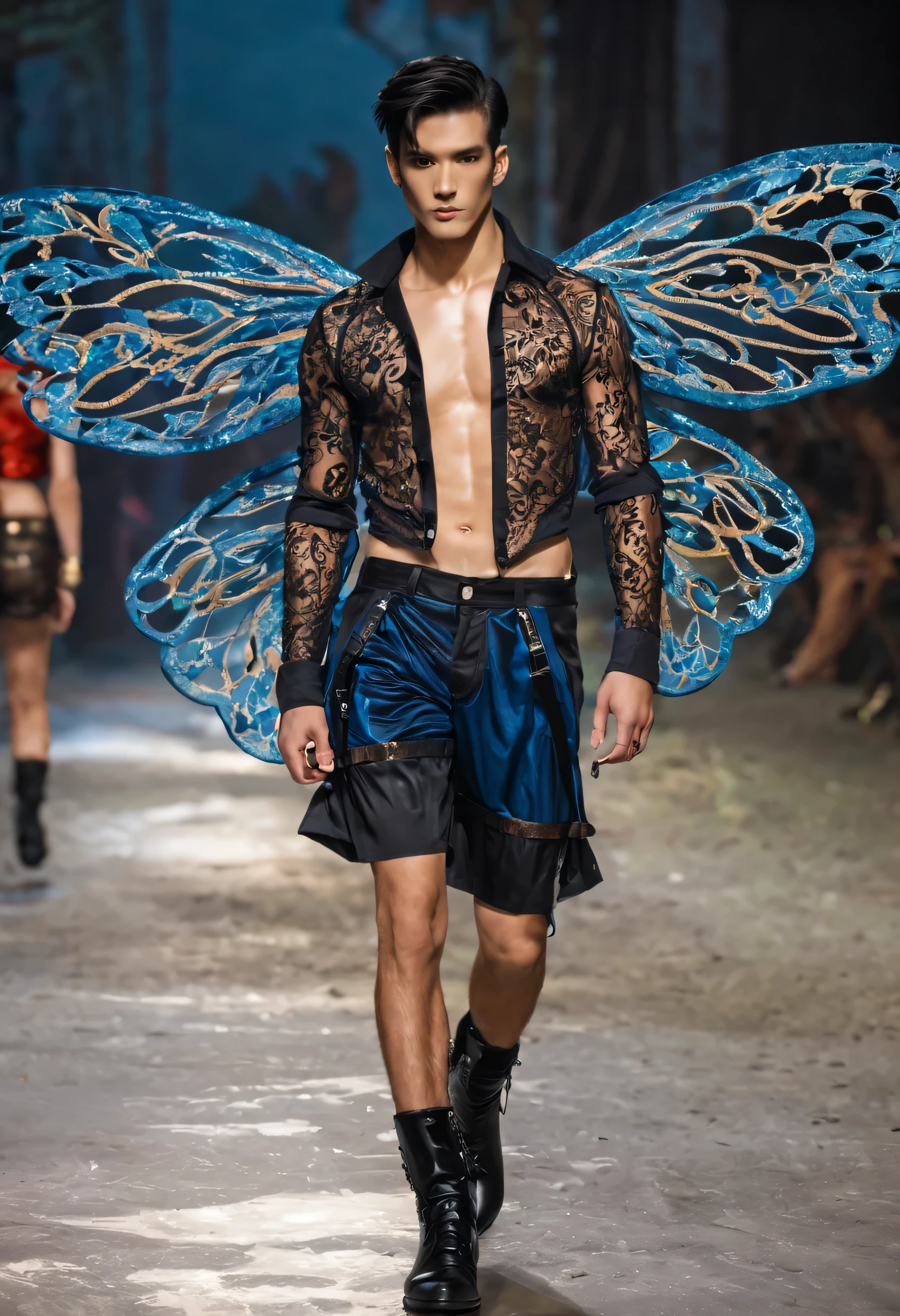 Delphine Enjolras (Delphine Enjolras) style,,Scene design,(whole body), (時尚维多利亚的秘密内衣Fashion show scene:1.3),Sad handsome male model,Carrying large plastic clear butterfly wings,shorts,Typical Victoria's Secret Fashion Show Elements,bronze skin,The bridge of his nose is high and straight,Tight,field boots,shorts,The title uses black as the main color,Complemented by bold red,Steady yet a little exaggerated。Unique rivets and holes,Exaggerated interpretation of punk elements,Supermodel's quirky sexy expression,Extremely。Supplemented by exotic elements,bold and bright colors,full of charm,lace,Wire flow pleated elements,It is the biggest highlight of underwear。It is mainly based on the passionate ethnic style elements.,Quite a fiery and unrestrained feeling,,(Topless:0.85),sad prince,gentle melancholy,tall and fit.,He has a strong physique,toned muscles,Fresh and toned abs, Exquisite facial features,King style, Slim stretch,look up,(Main color is blue:0.8),Gothic,background:T stage,Fashion show scene,赛博朋克Gothic美学,,精致shorts,