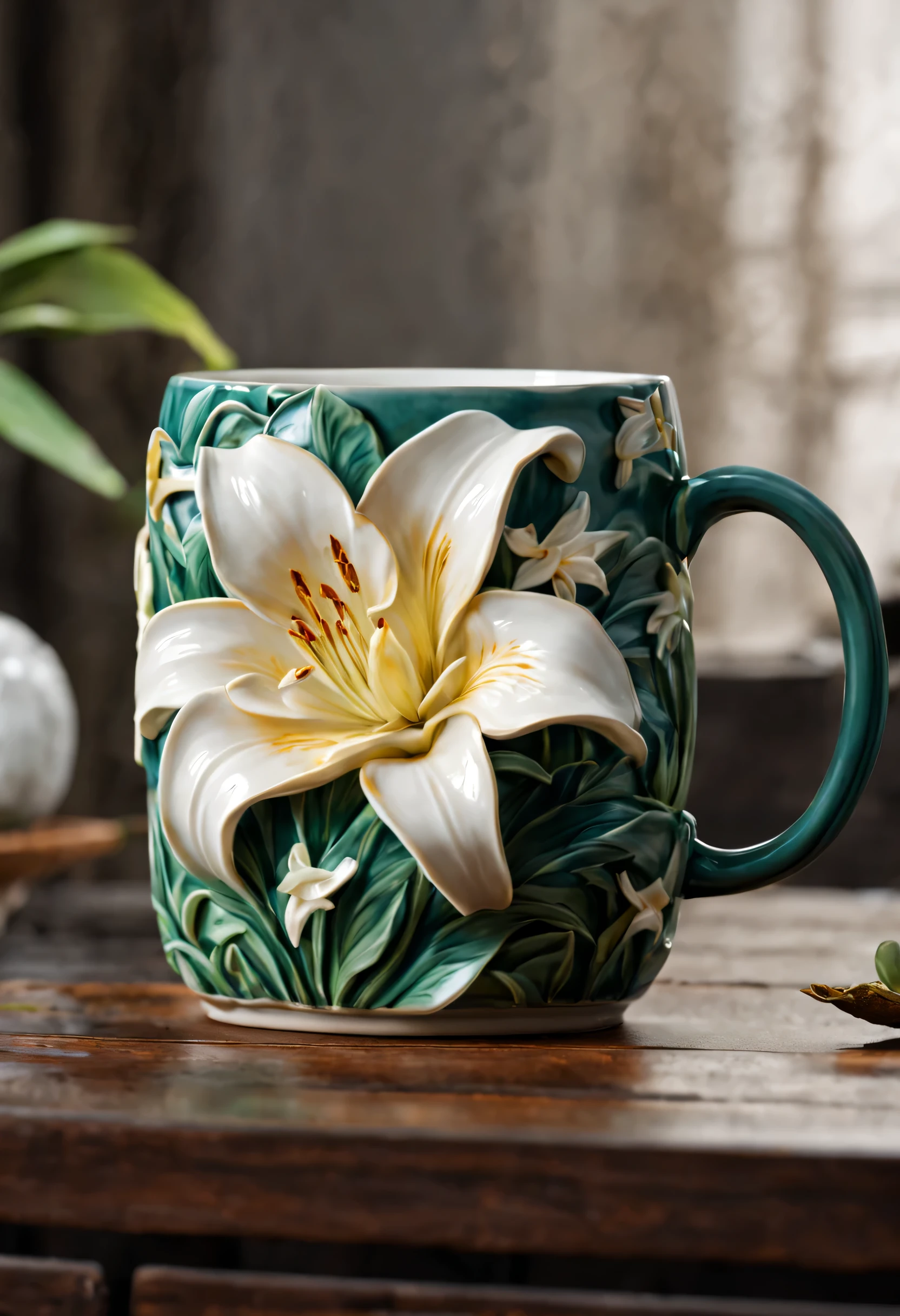 Ceramic cup,Handmade feeling,lily,bedroom,Highly realistic,Chinese style,masterpiece,2.5D,comfort,Natural light,ultra high resolution,higher quality,