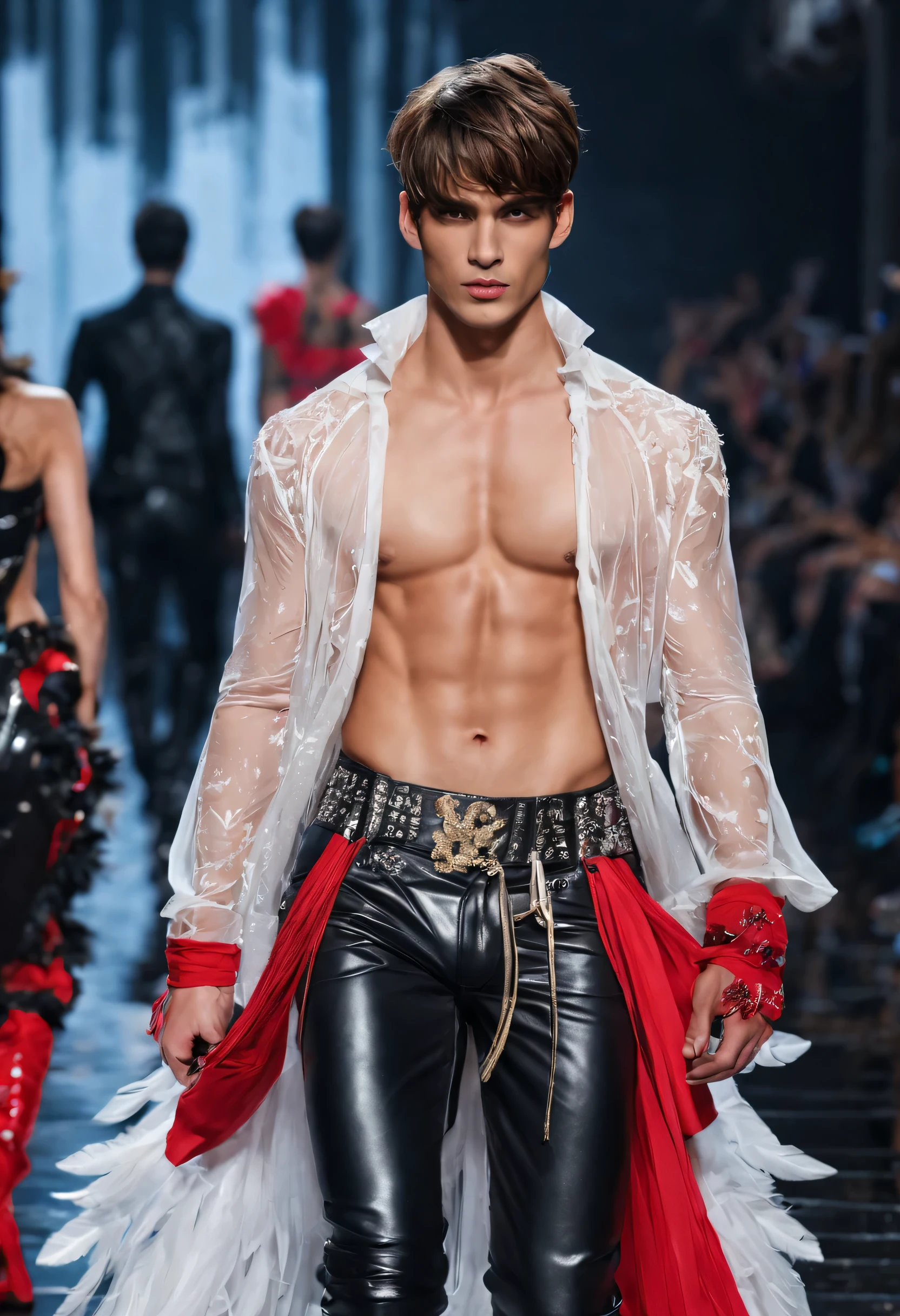 Delphine Enjolras (Delphine Enjolras) style,,Scene design,(whole body),(Topless:0.85) ,(時尚维多利亚的秘密内衣Fashion show scene:1.3),Sad handsome male model,Carrying large plastic clear butterfly wings,shorts,Typical Victoria's Secret Fashion Show Elements,(bronze skin),The bridge of his nose is high and straight,tight leather pants,boots,shorts,The title is mainly black and white,Exaggerated feather accessories,Complemented by bold red,Steady yet a little exaggerated。Unique rivets and holes,Exaggerated interpretation of punk elements,Supermodel's quirky sexy expression,Extremely。Supplemented by exotic elements,bold and bright colors,full of charm。Elegant pleated elements,It is the biggest highlight of underwear。It is mainly based on the passionate ethnic style elements.,Quite a fiery and unrestrained feeling,the sad prince tender melancholy,tall and fit.,Physically strong,toned muscles,Fresh and toned abs, Exquisite facial features,King style, Slim stretch,look up,(Main color is blue:0.8),Gothic,background:T stage,Fashion show scene,赛博朋克Gothic美学,lace,electric wire,精致shorts,dense teeth,Tulle flight,